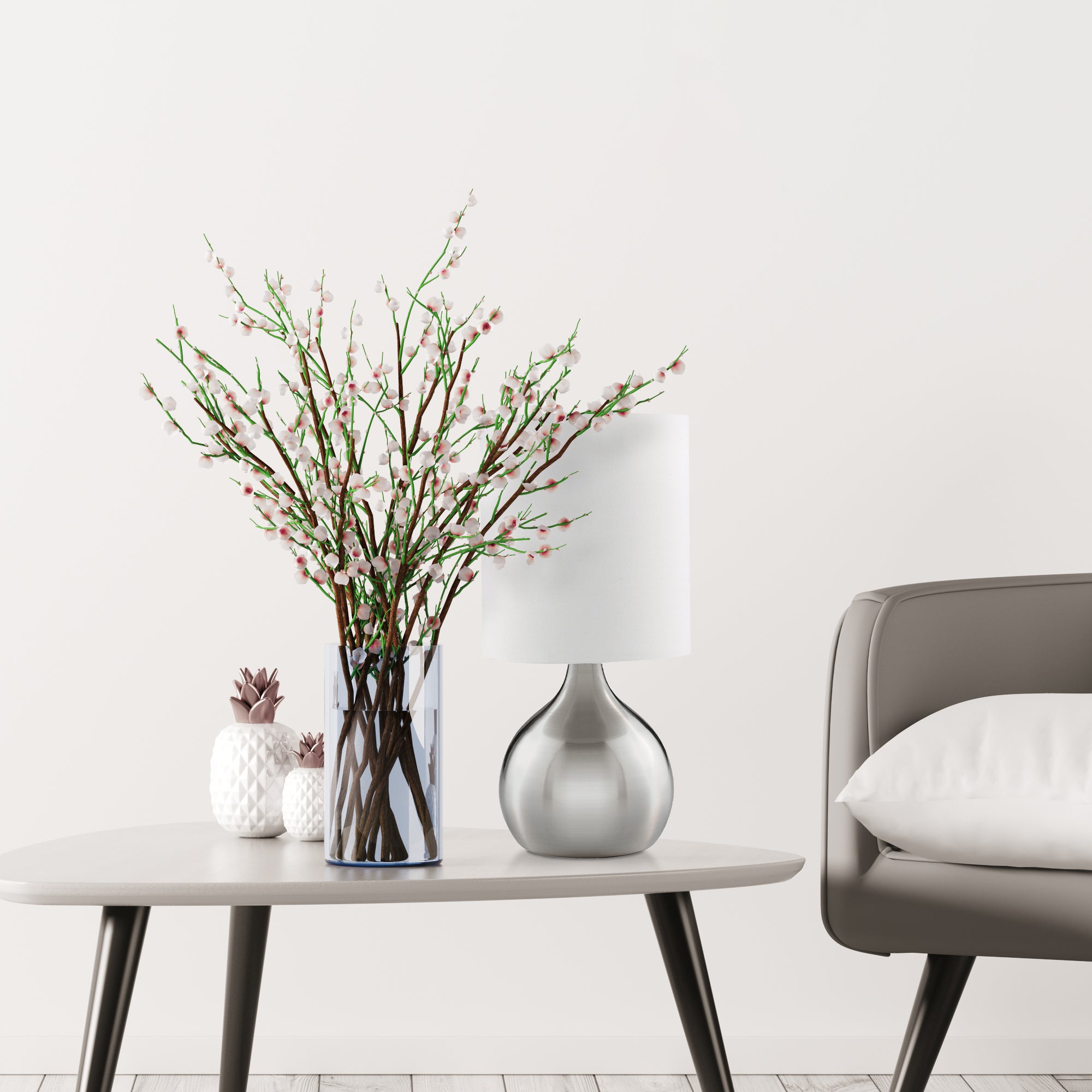 Searchlight Touch Table Lamp - Satin Silver Base & White Drum Shade