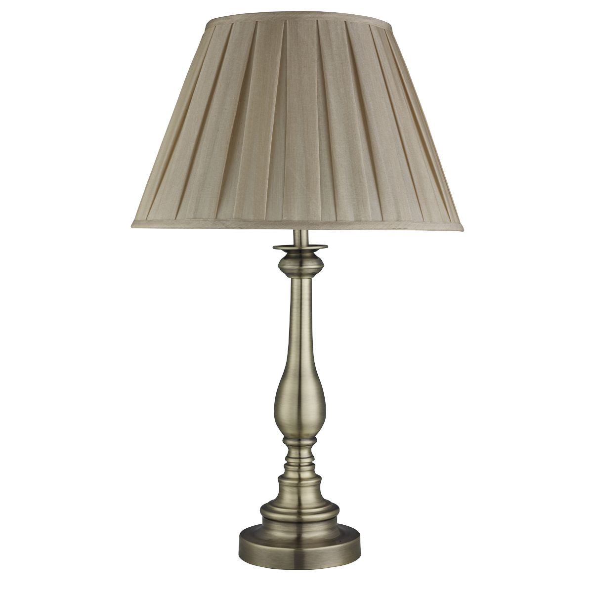 Searchlight Fearnside Table Lamp, Spindle Base, Antique Brass, Mink Pleated Shade