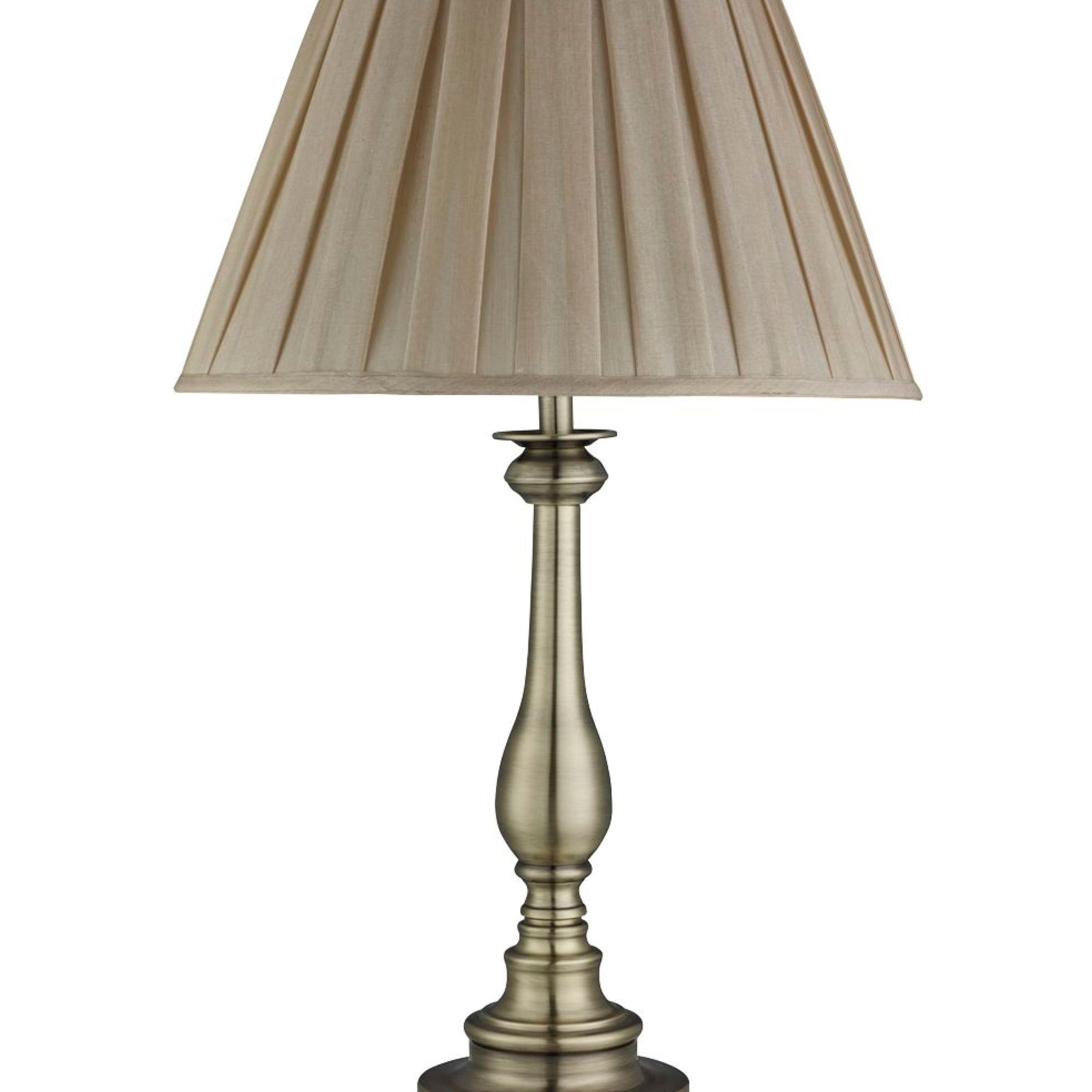 Searchlight Fearnside Table Lamp, Spindle Base, Antique Brass, Mink Pleated Shade