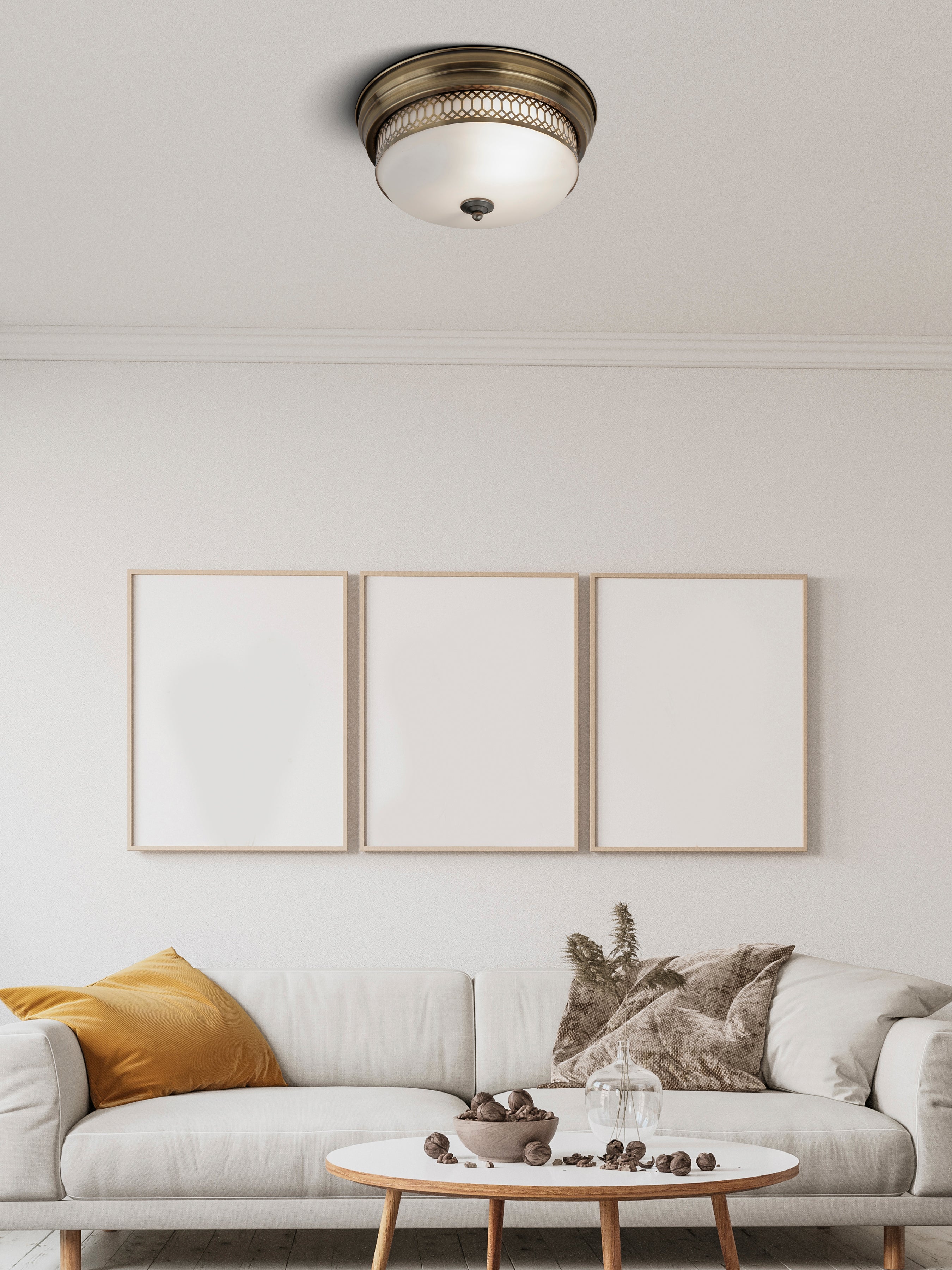 Searchlight Eastlake 2 Light Flush Fitting - Antique Brass With Opal Glass IP44