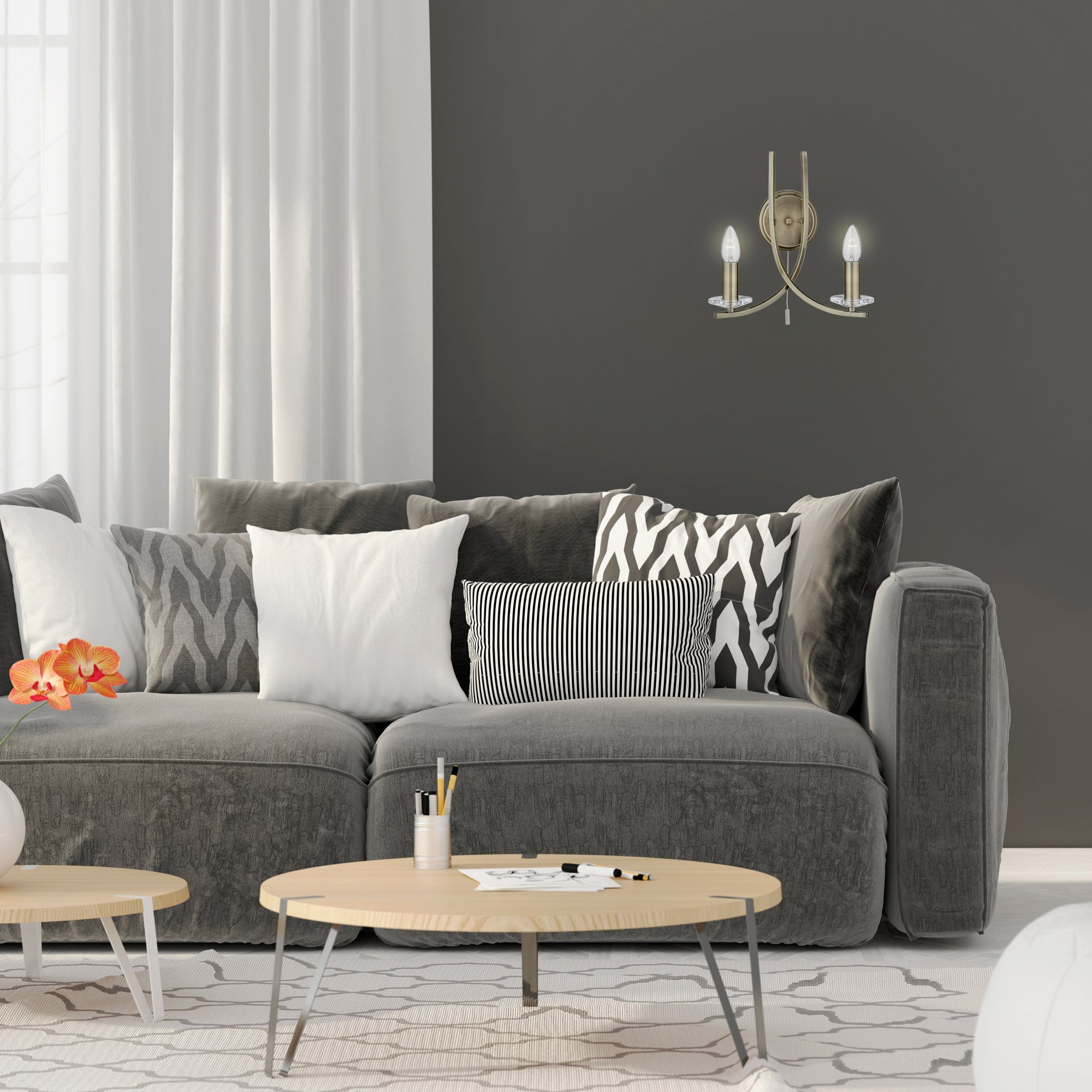 Searchlight Archer Antique Brass 2 Light Wall Bracket With Clear Glass Sconces