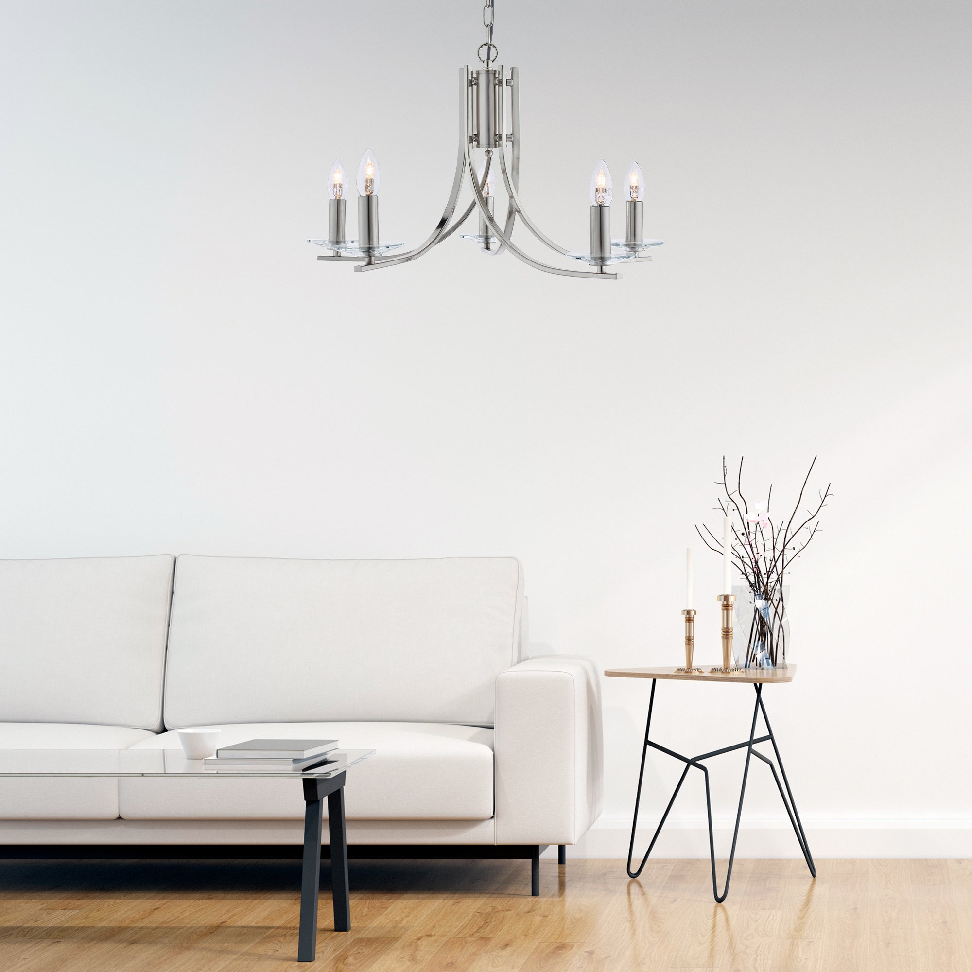 Searchlight Archer Satin Silver 5 Light Pendant Fitting With Glass Sconces