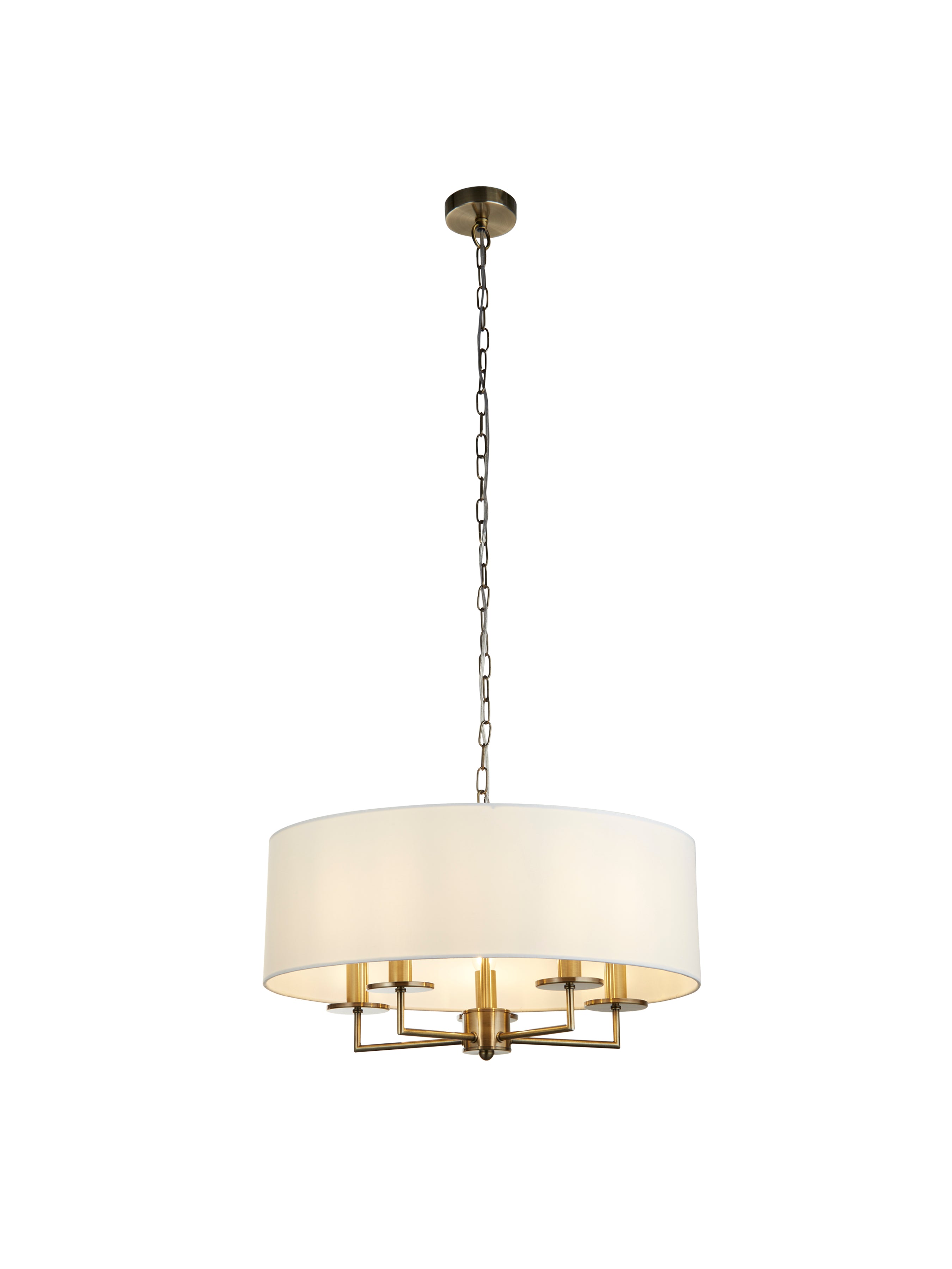 Searchlight James 5 Light Pendant - Antique Brass & White Linen Shade