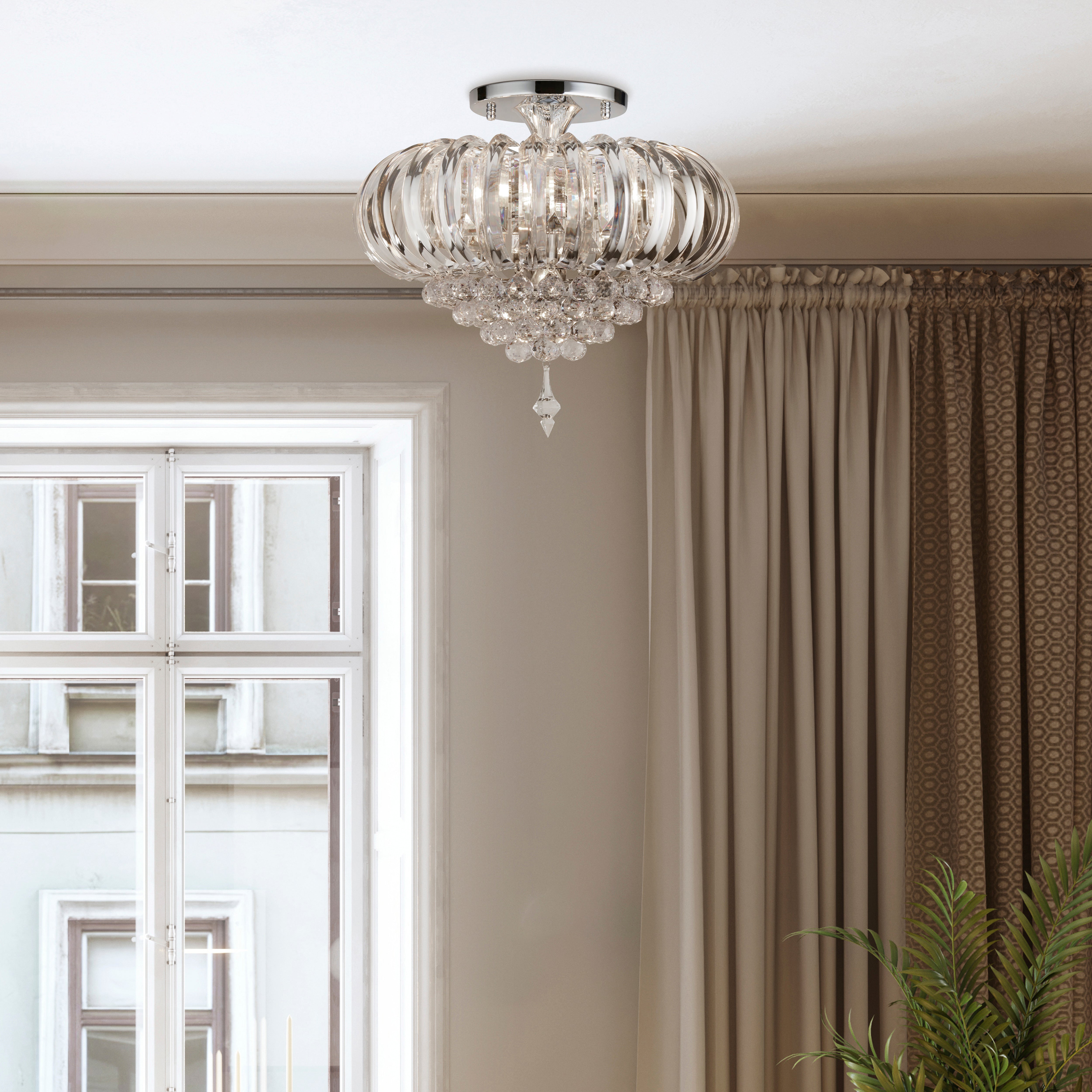 Searchlight Sidney Chrome 5 Light Semi-Flush With Clear Acrylic Prisms & Balls