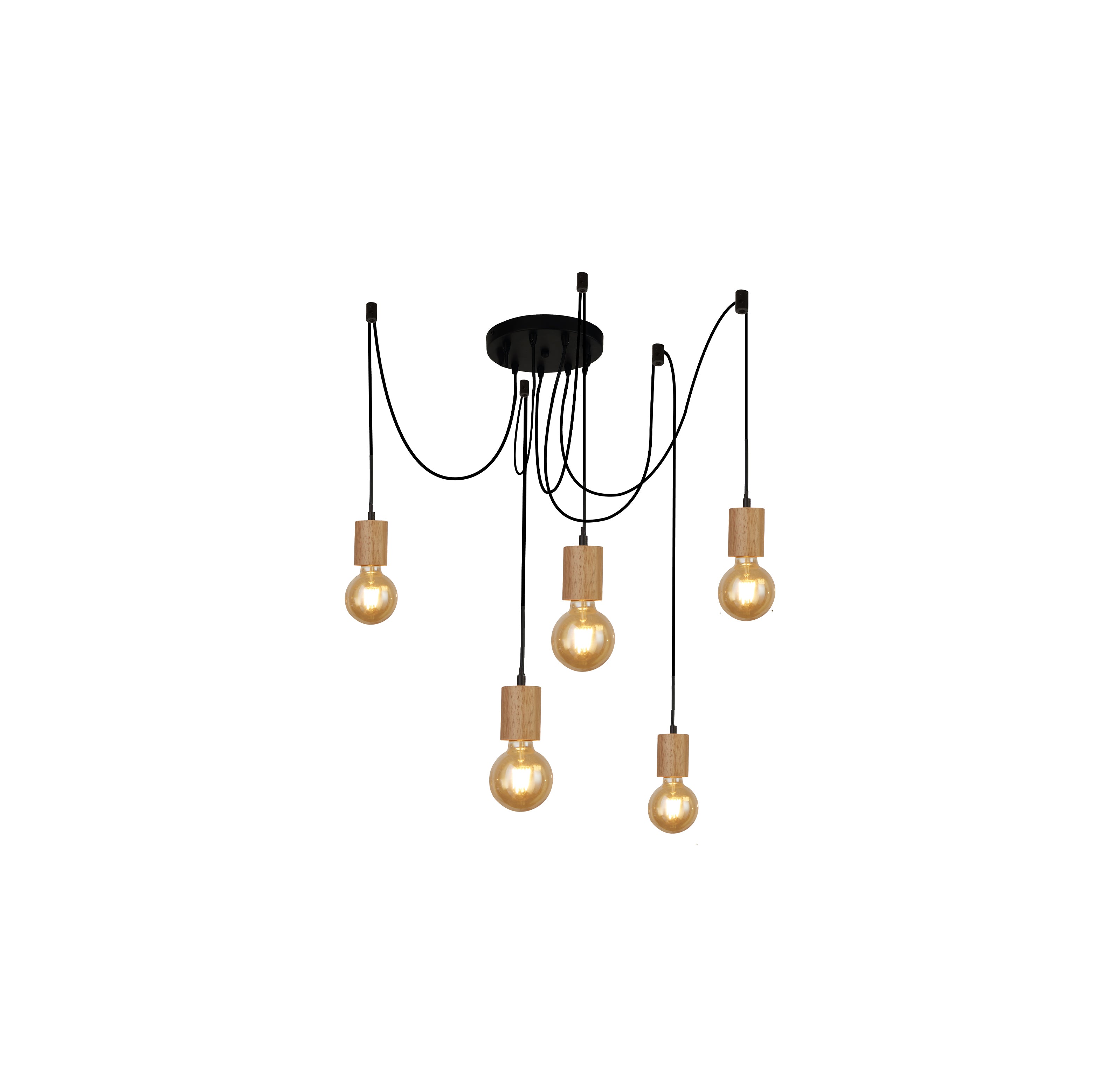 Searchlight South 5 Light Ceiling Pendant - Wood & Black Metal