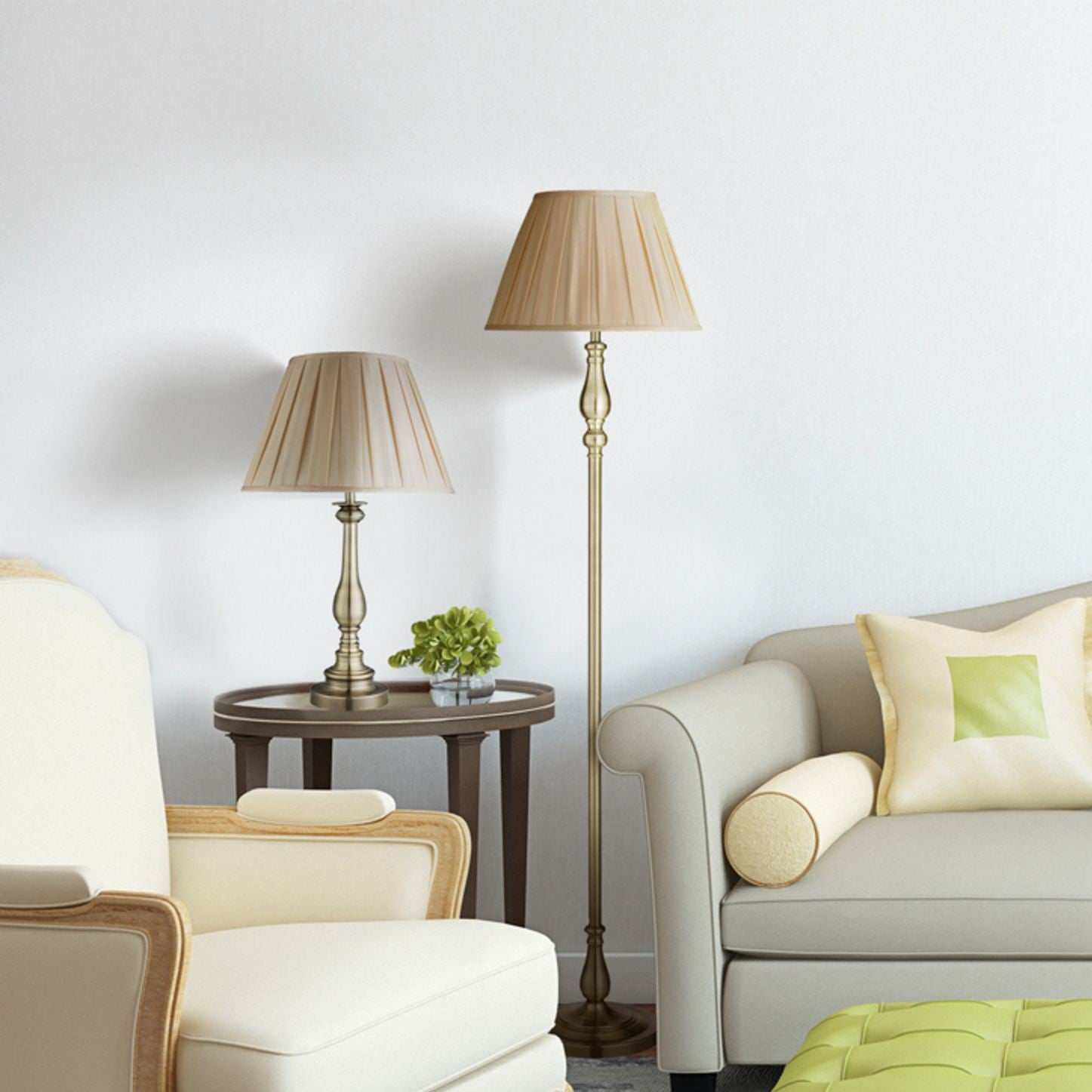 Searchlight Fearnside Floor Lamp, Antique Brass, Mink Pleated Shade