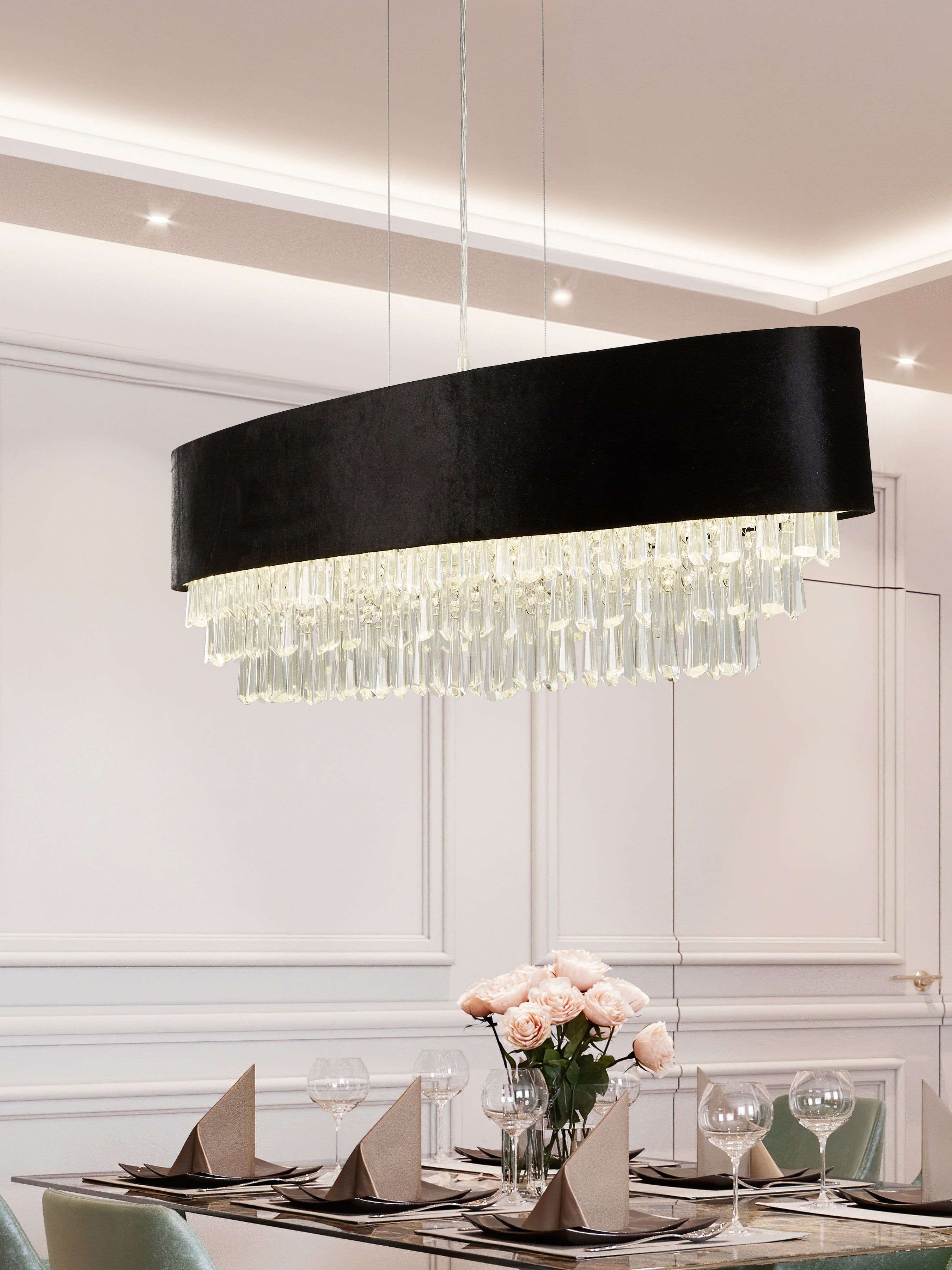 Searchlight Geneva 8 Light Oval Pendant - Black Velvet & Clear Crystal