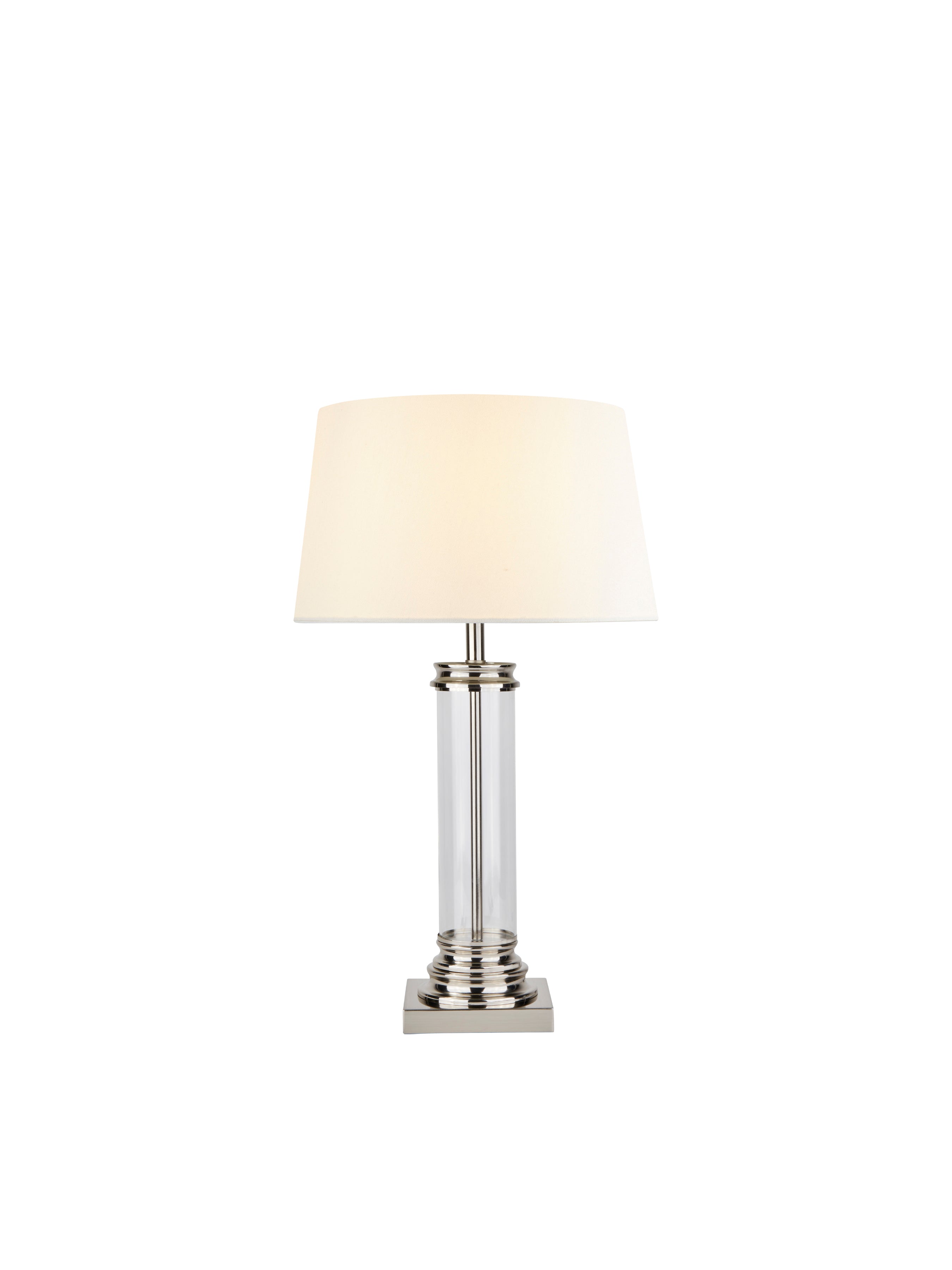 Searchlight Paulton Table Lamp - Glass Column & Satin Silver Base, Cream Shade
