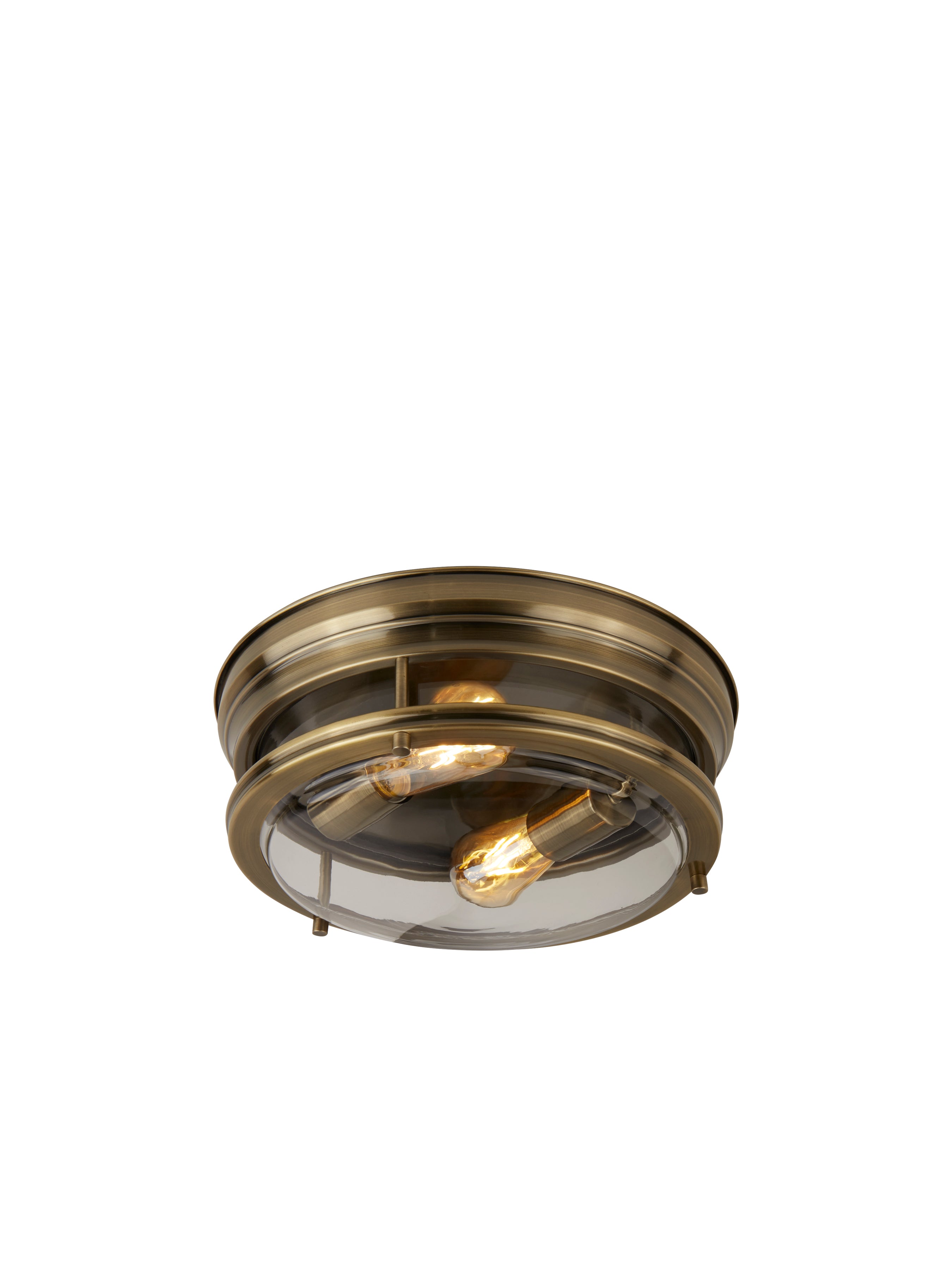 Searchlight Eastlake 2 Light Flush Fitting Antique Brass/Clear Glass IP44
