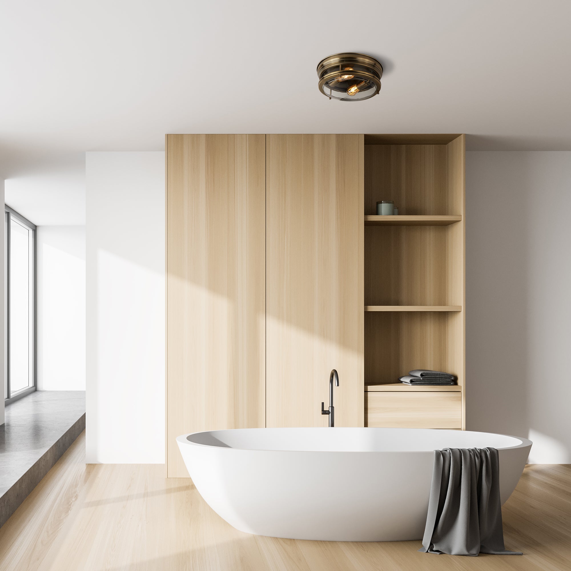 Searchlight Eastlake 2 Light Flush Fitting Antique Brass/Clear Glass IP44