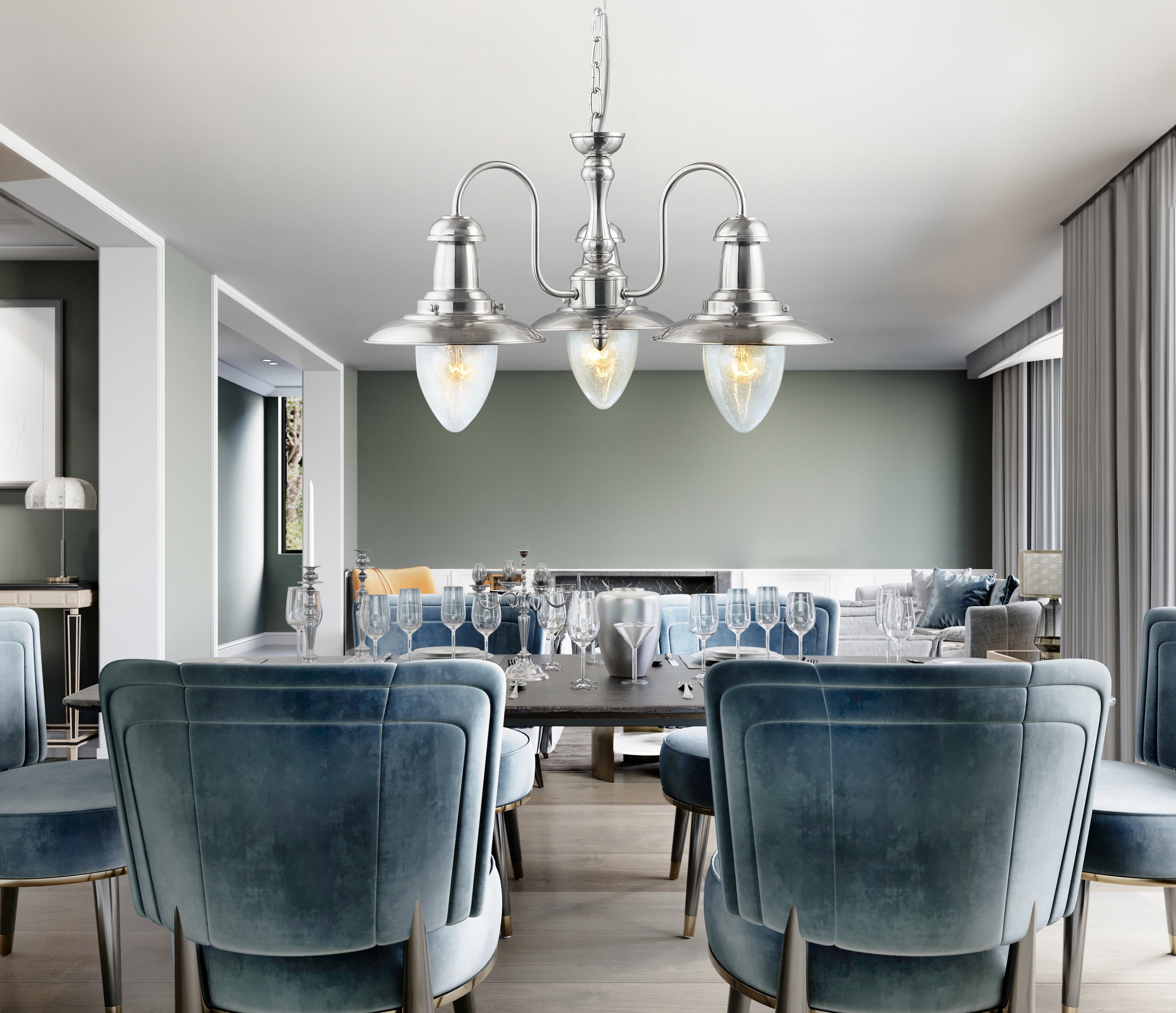 Searchlight Falkland - 3 Light Ceiling Pendant, Satin Silver With Seeded Glass Shades