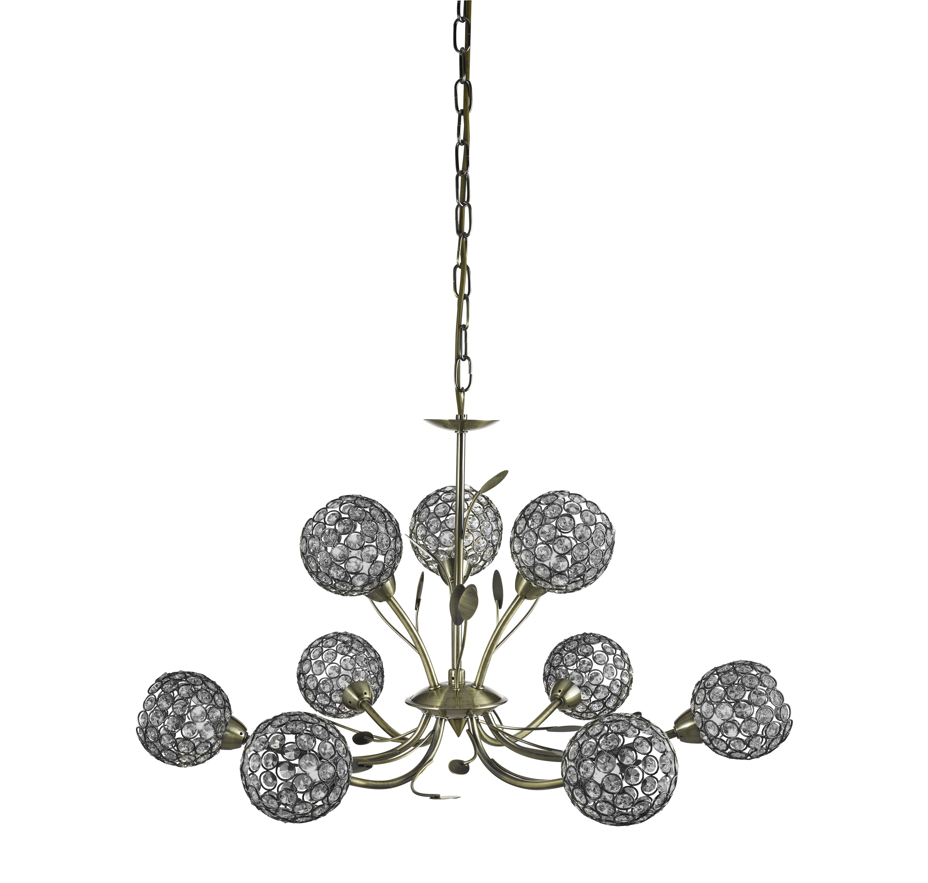 Searchlight Bay II 9 Light Pendant - Antique Brass & Clear Crystal Beads