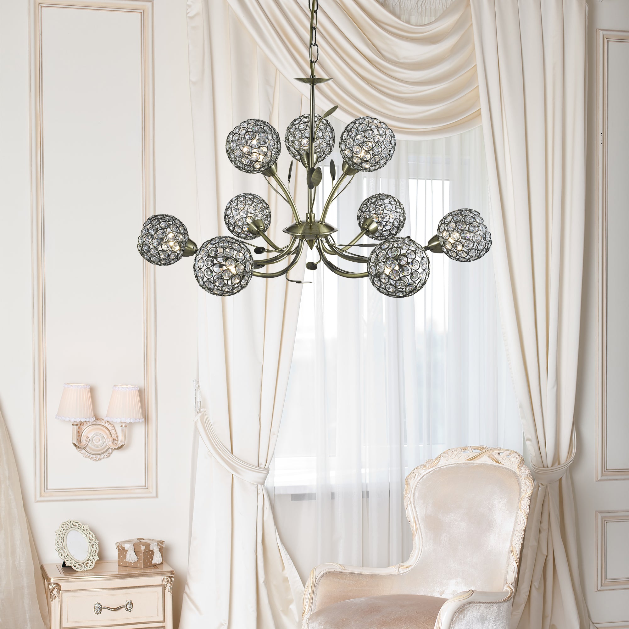 Searchlight Bay II 9 Light Pendant - Antique Brass & Clear Crystal Beads