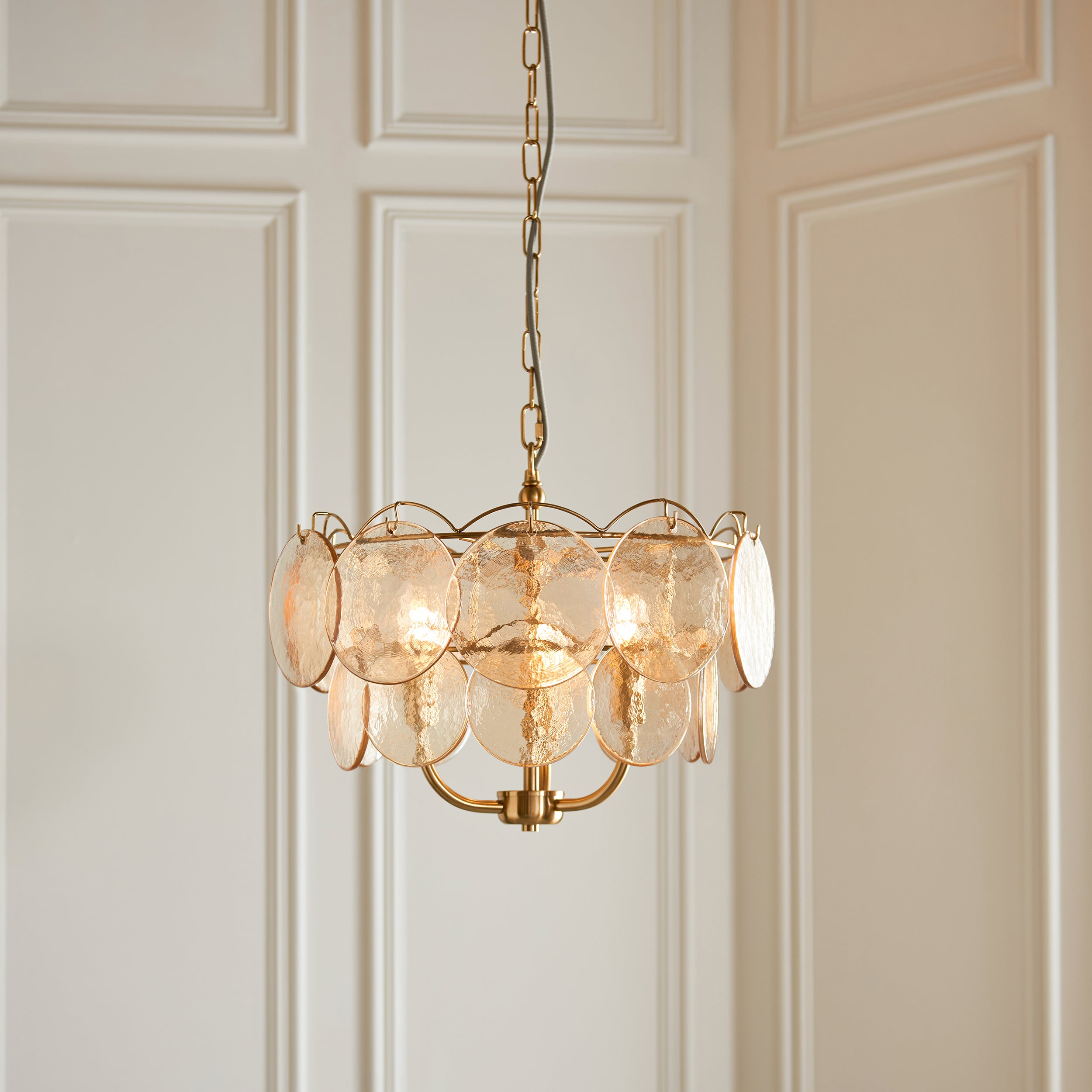 Utopia Aura 3 Light Ceiling Bendant - Brushed Aged Brass & Champagne Glass