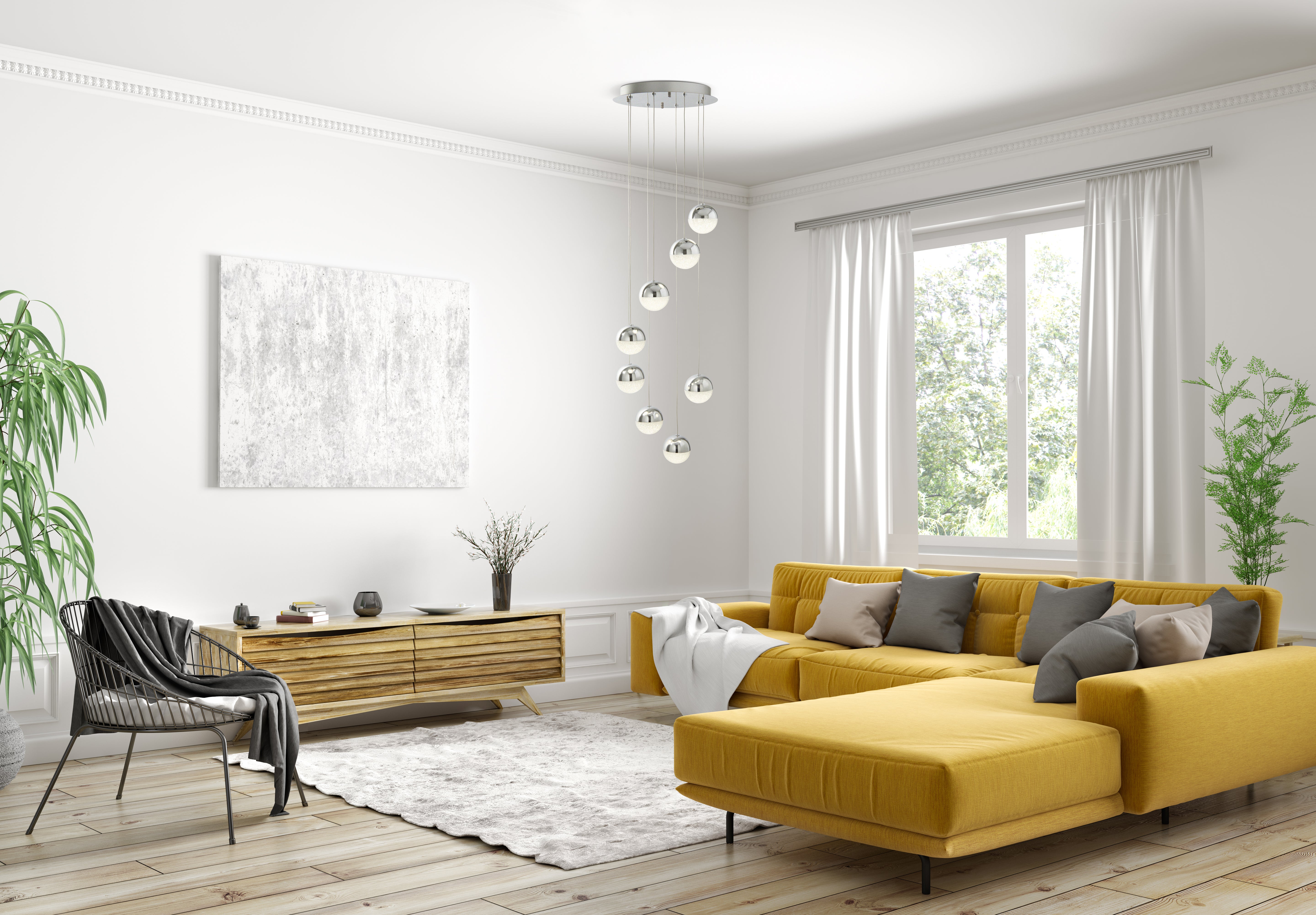 Searchlight Malta 8 Light LED Globe Multi - Drop, Crushed Ice Effect Shade, Chrome