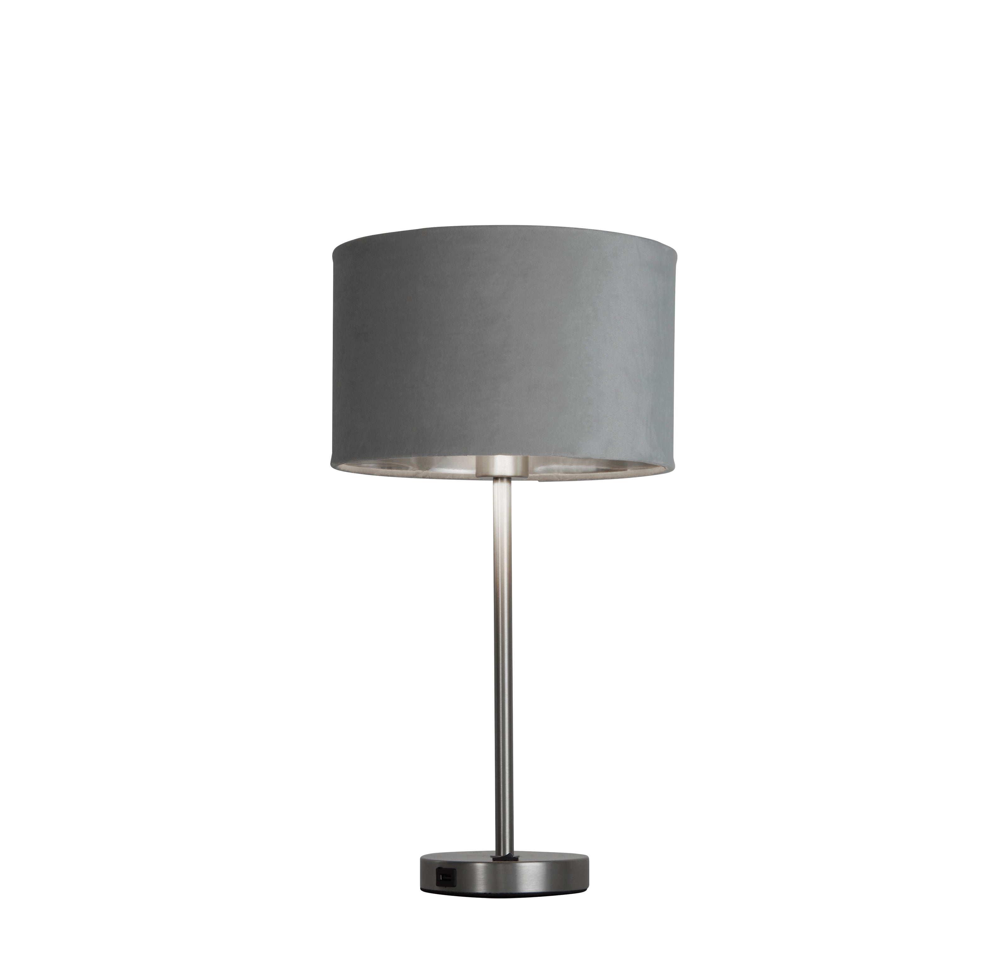 Searchlight Fairview USB Table Lamp - Satin Nickel & Grey Velvet Shade