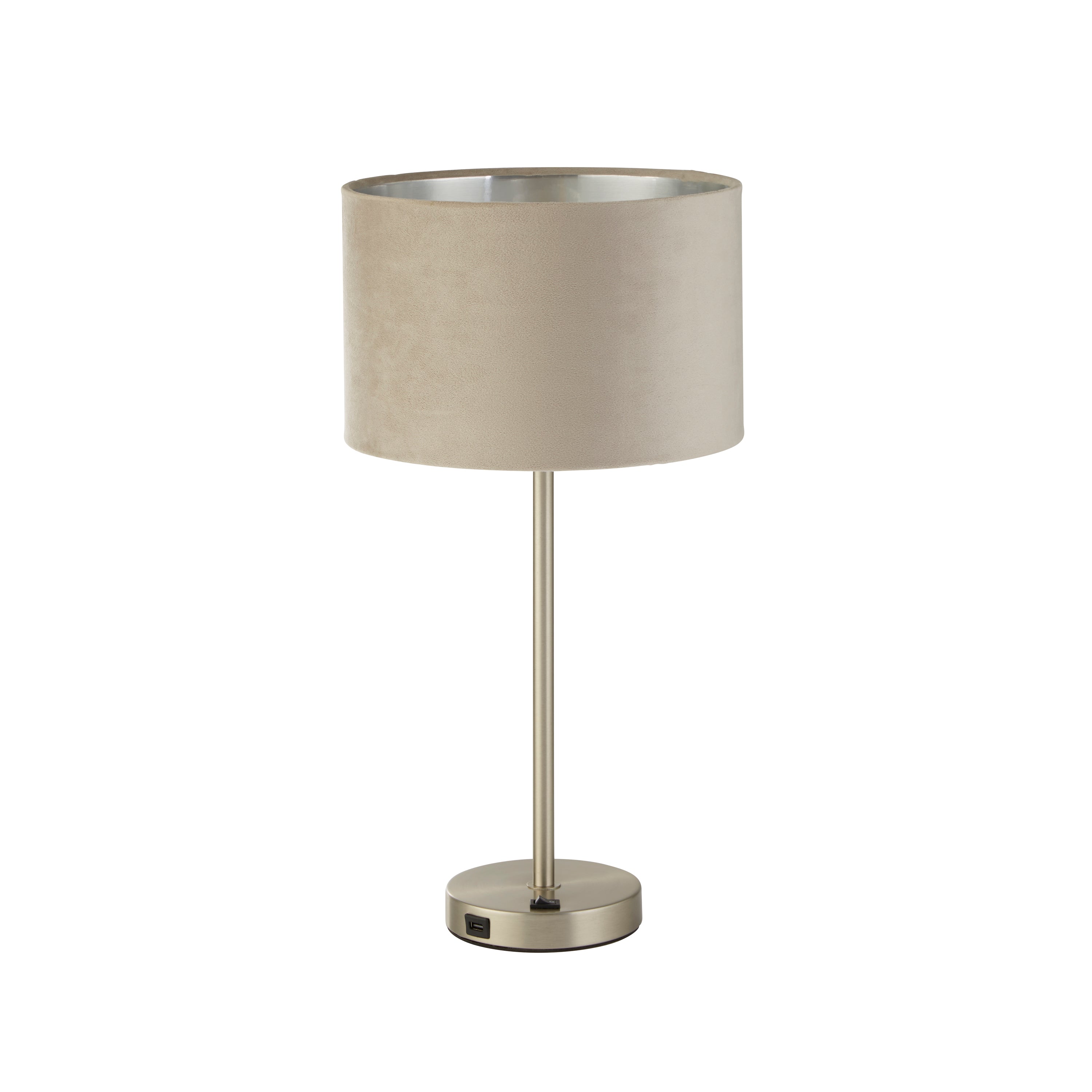 Searchlight Fairview USB Table Lamp - Satin Nickel & Taupe Velvet Shade