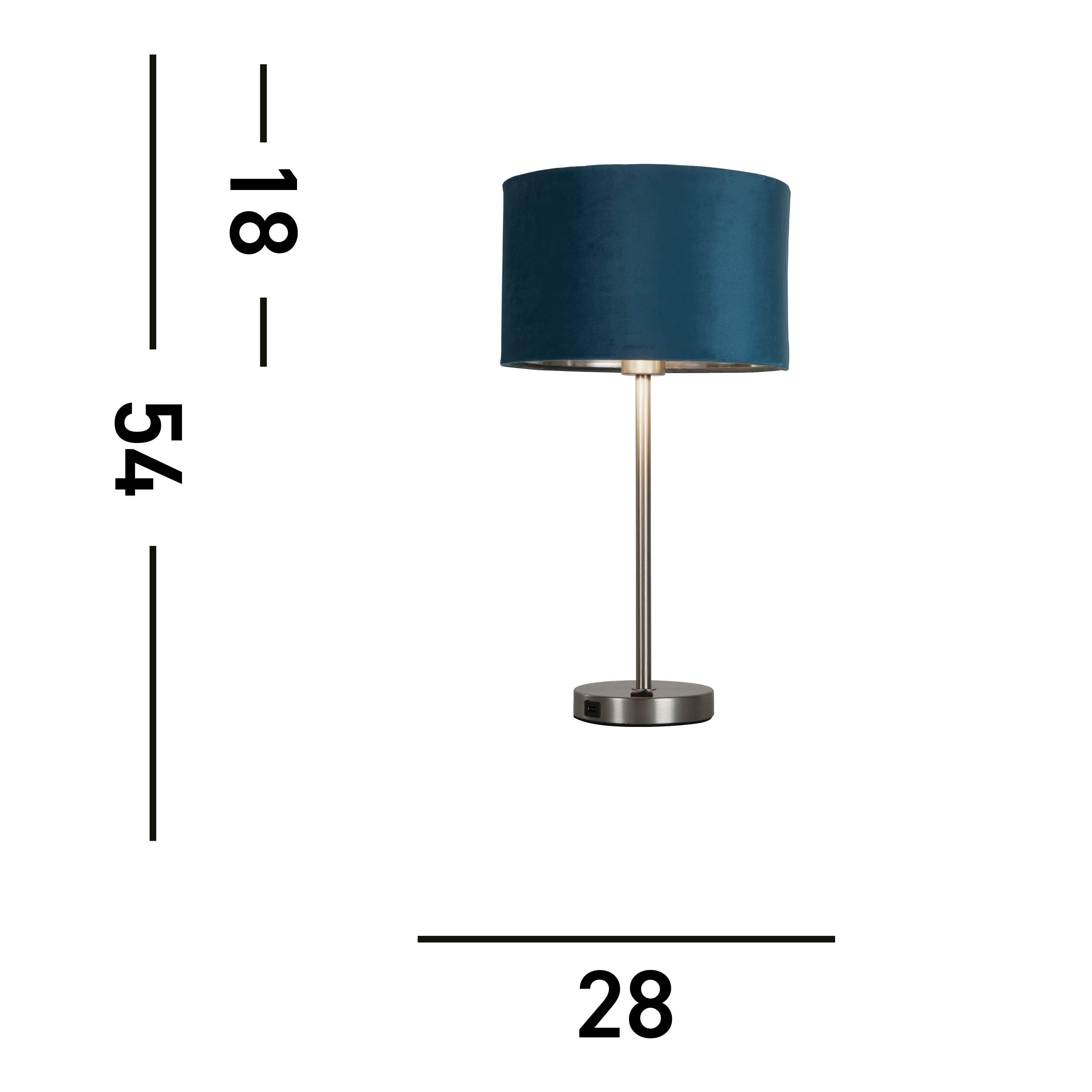 Searchlight Fairview USB Table Lamp - Satin Nickel & Teal Velvet Shade
