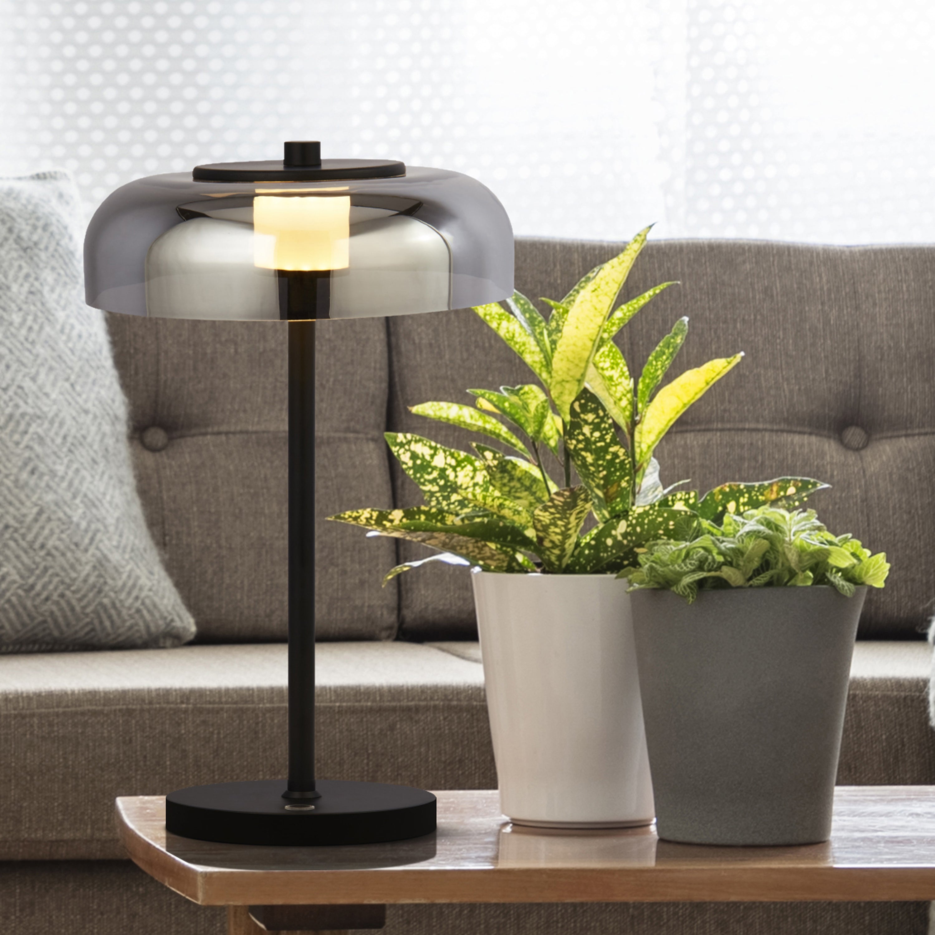Searchlight Fir LED Table Lamp - Matt Black & Smoked Glass