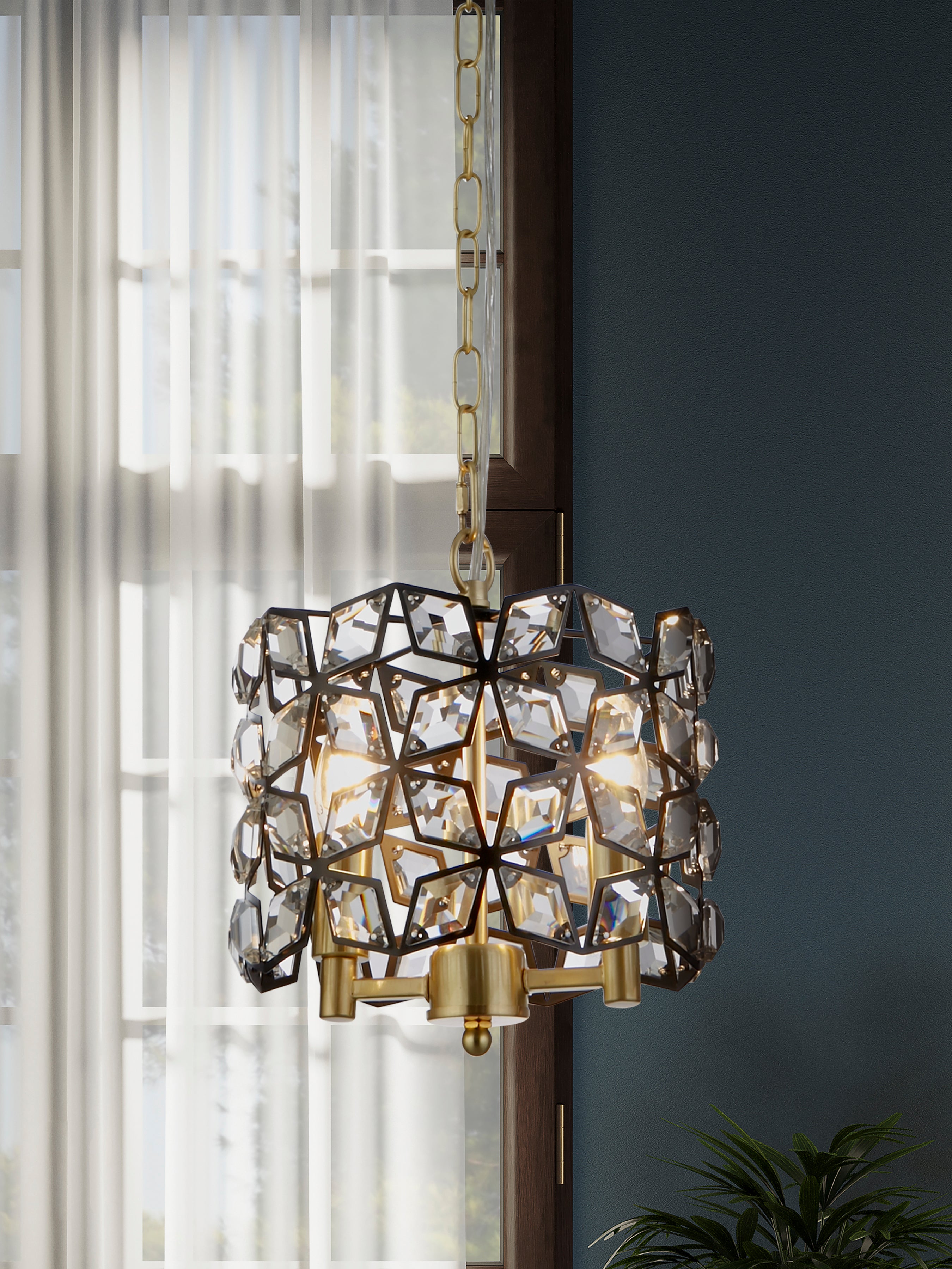Searchlight Islington 2 Light Pendant - Black, Crystal & Brass