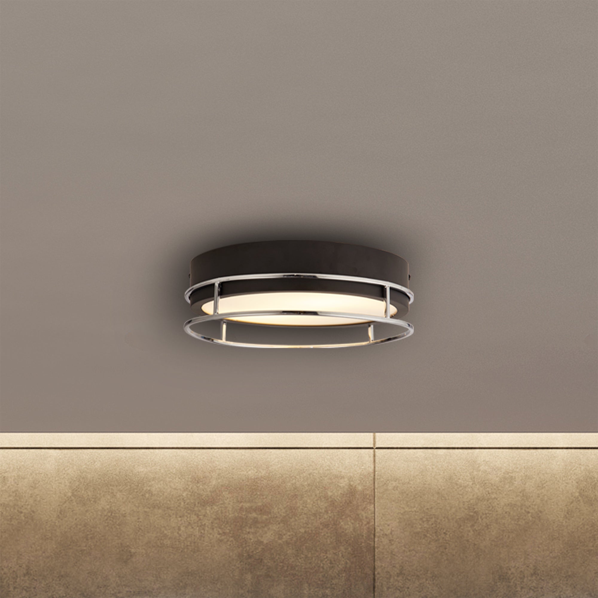 Searchlight Peel 2 Light Flush - Black, Chrome & Frosted Glass