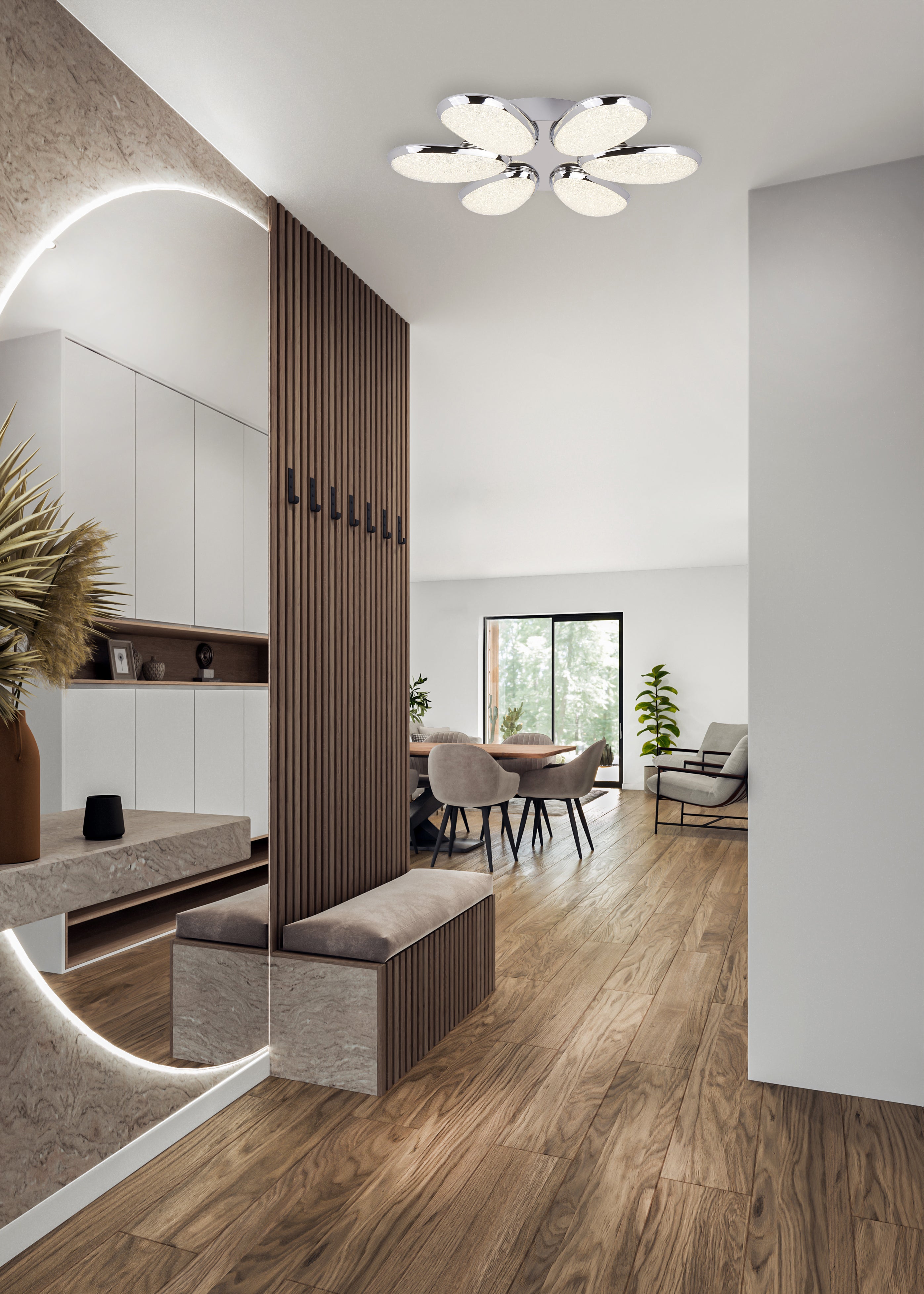 Searchlight Lavan LED 6 Light Flush - Chrome & Crushed Ice Effect Shade