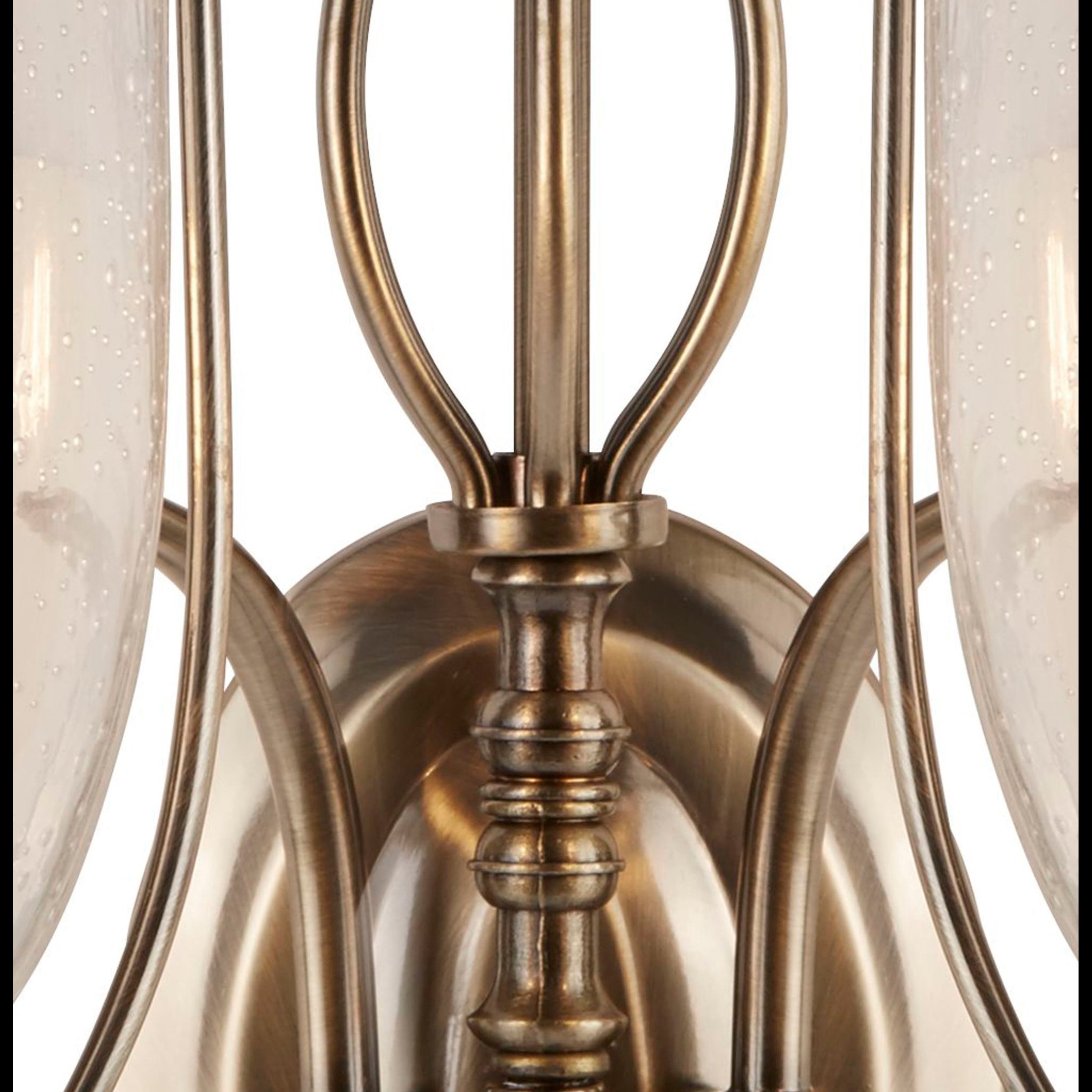 Searchlight Sims Antique Brass 2 Light Wall, Clear Seeded Glasses, Switched