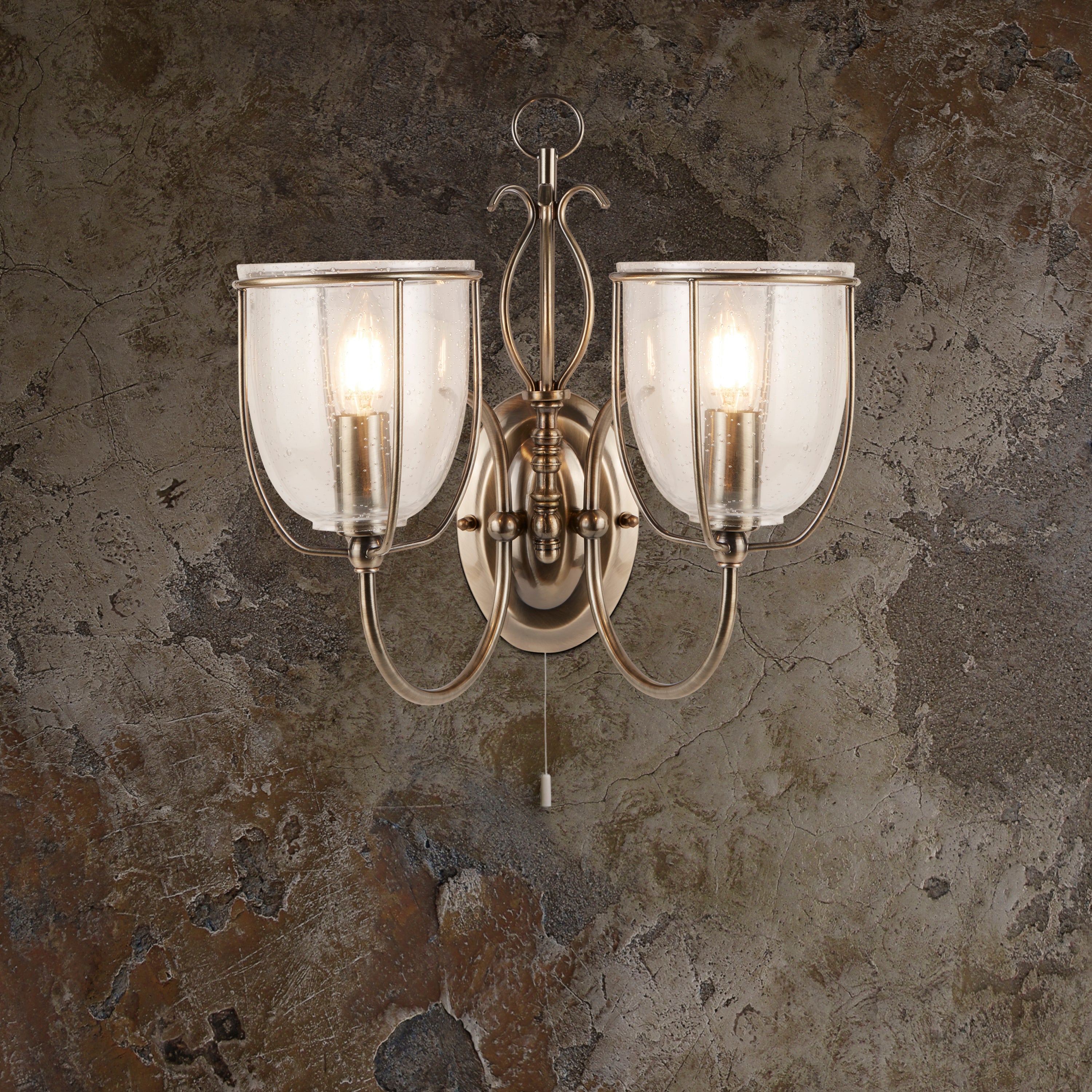 Searchlight Sims Antique Brass 2 Light Wall, Clear Seeded Glasses, Switched