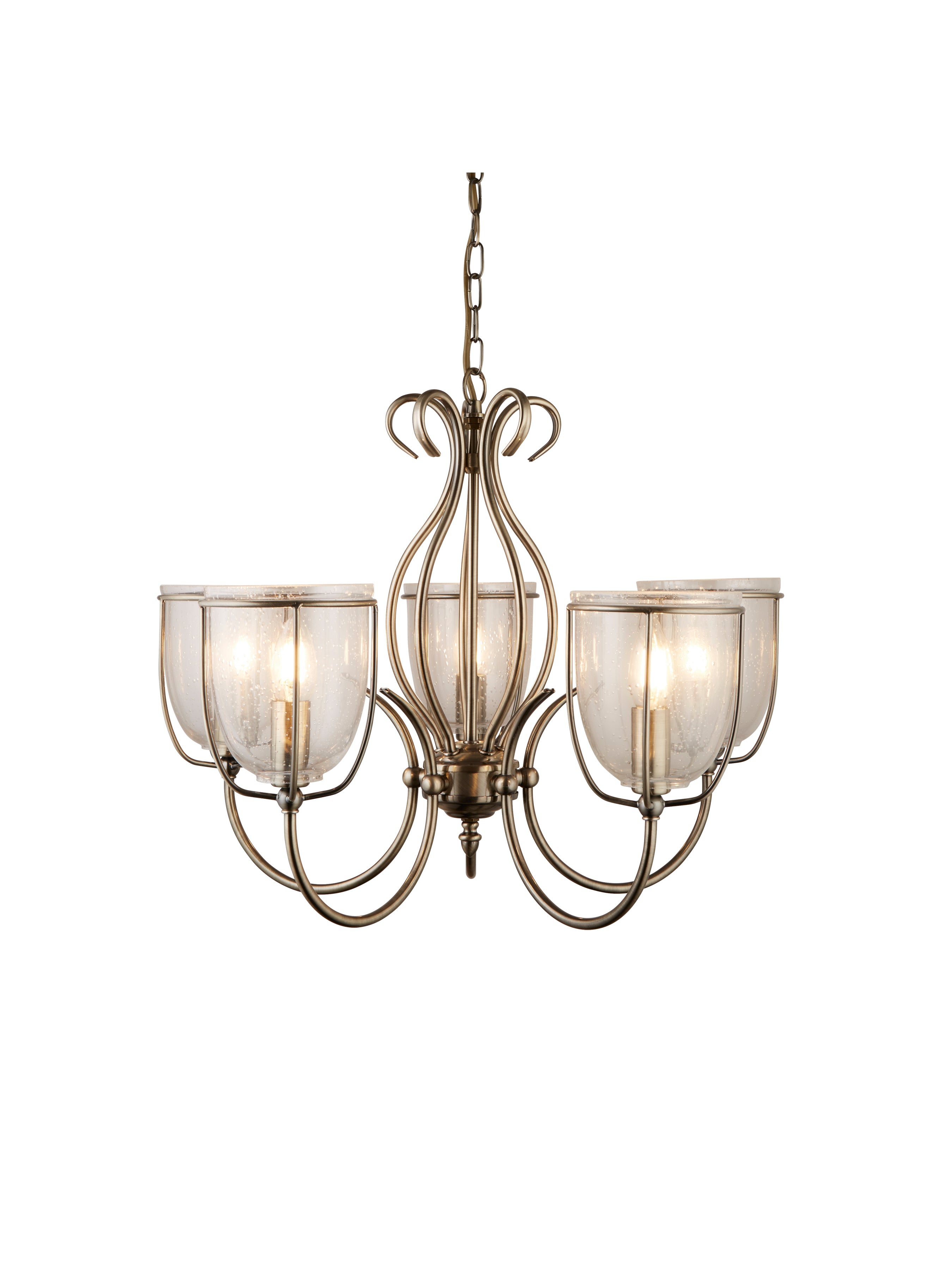 Searchlight Sims Antique Brass 5 Light Fitting With Clear Seeded Glass Shades