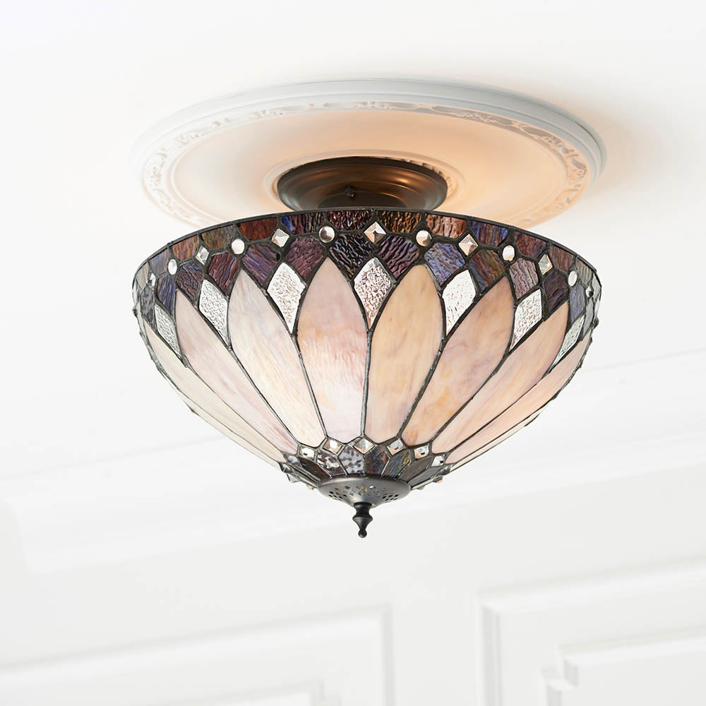 Interiors 1900 Brooklyn Medium 3 Light Semi Flush Pendant -Handcrafted Tiffany Style Glass