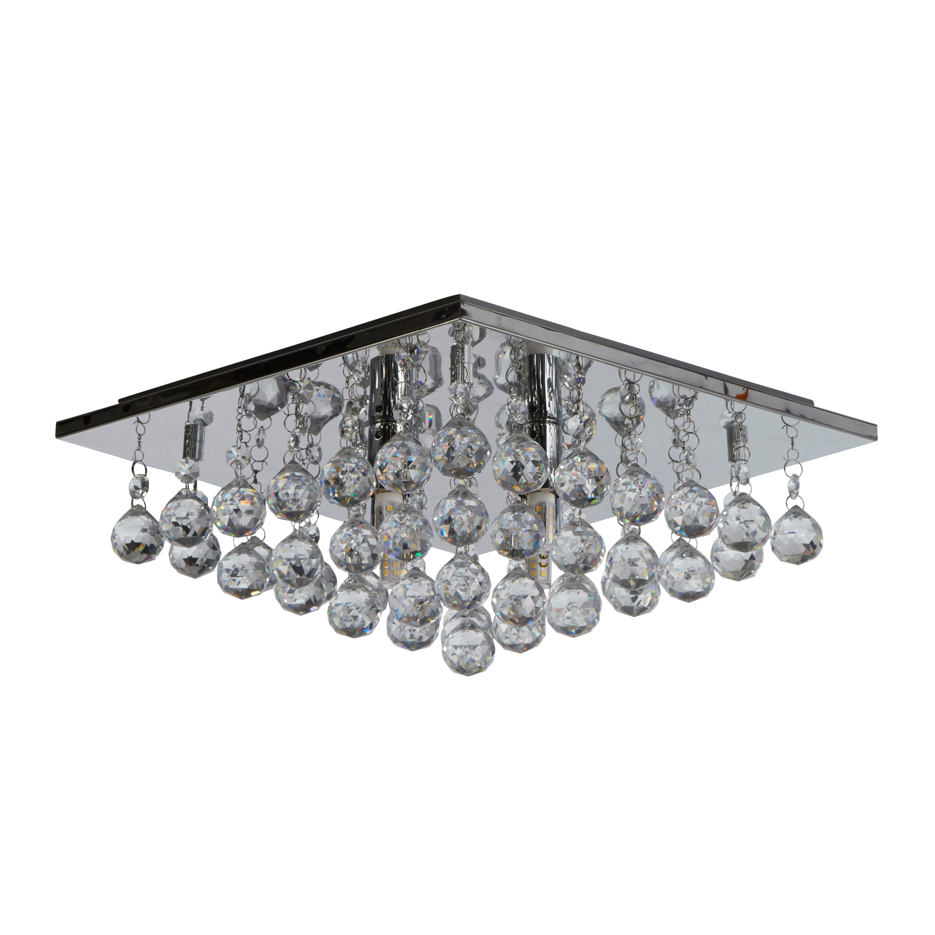 Searchlight Hampstead Chrome 4 Light Square Semi-Flush With Clear Facetted Crystal Balls