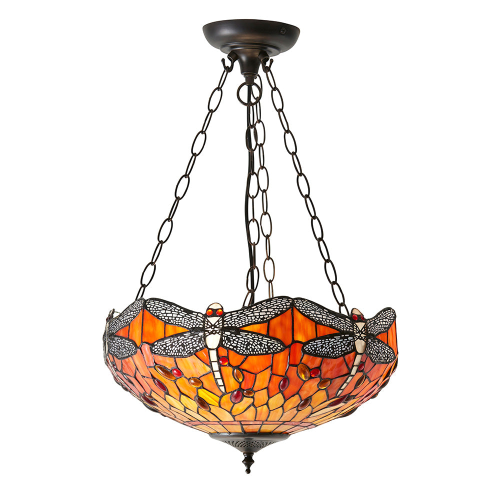 Interiors 1900 Dragonfly Flame Medium Inverted 3 Light Pendant - Handcrafted Tiffany Style Glass