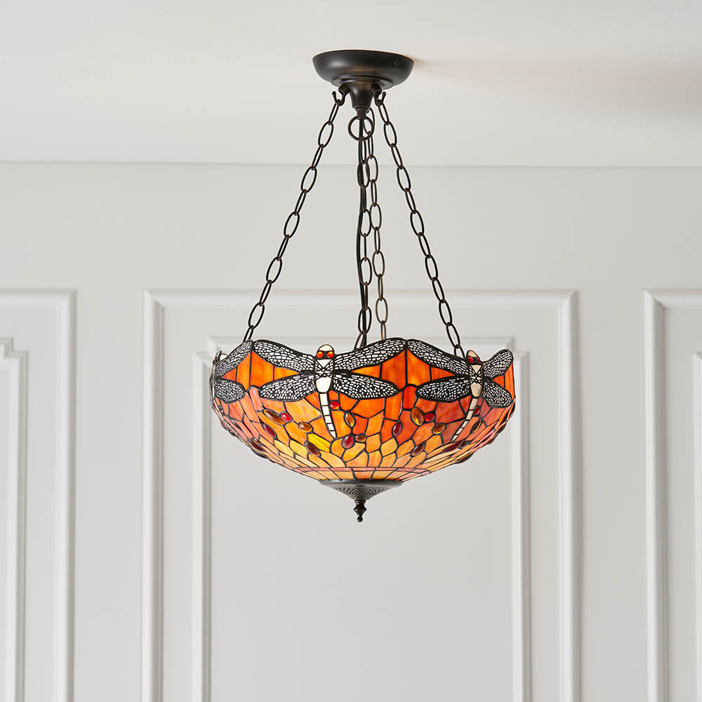 Interiors 1900 Dragonfly Flame Medium Inverted 3 Light Pendant - Handcrafted Tiffany Style Glass