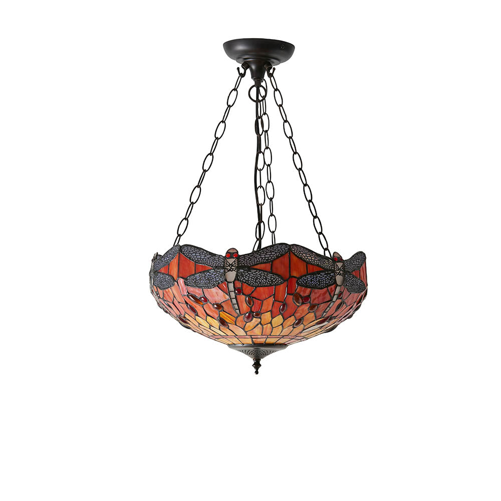 Interiors 1900 Dragonfly Flame Medium Inverted 3 Light Pendant - Handcrafted Tiffany Style Glass