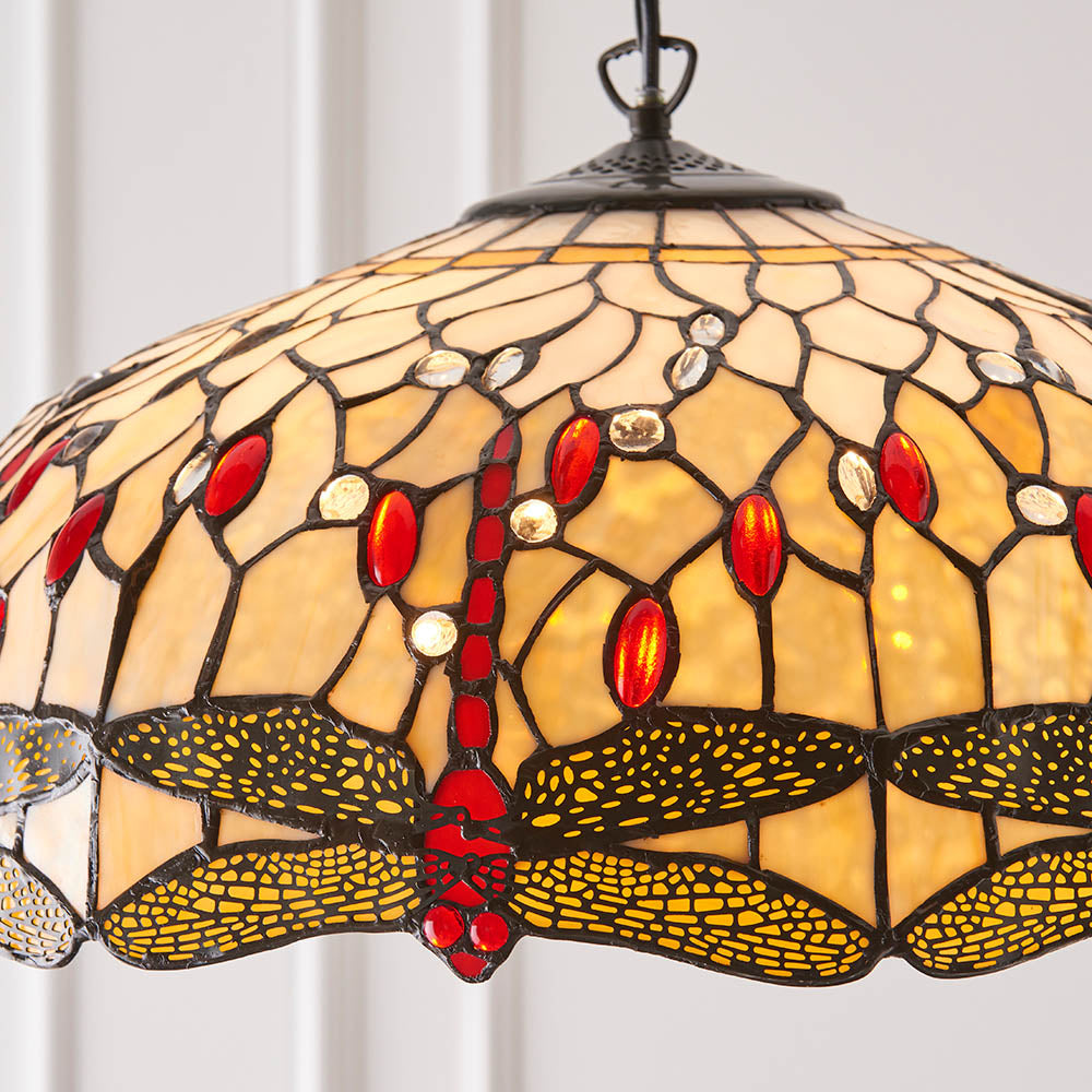Interiors 1900 Dragonfly Beige Large 3 Light Pendant - Handcrafted Tiffany Style Glass