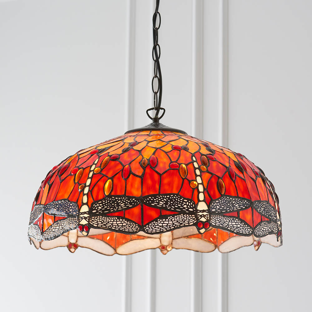 Interiors 1900 Dragonfly Flame Large 3 Light Pendant - Handcrafted Tiffany Style Glass