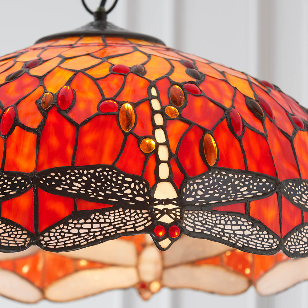 Interiors 1900 Dragonfly Flame Large 3 Light Pendant - Handcrafted Tiffany Style Glass