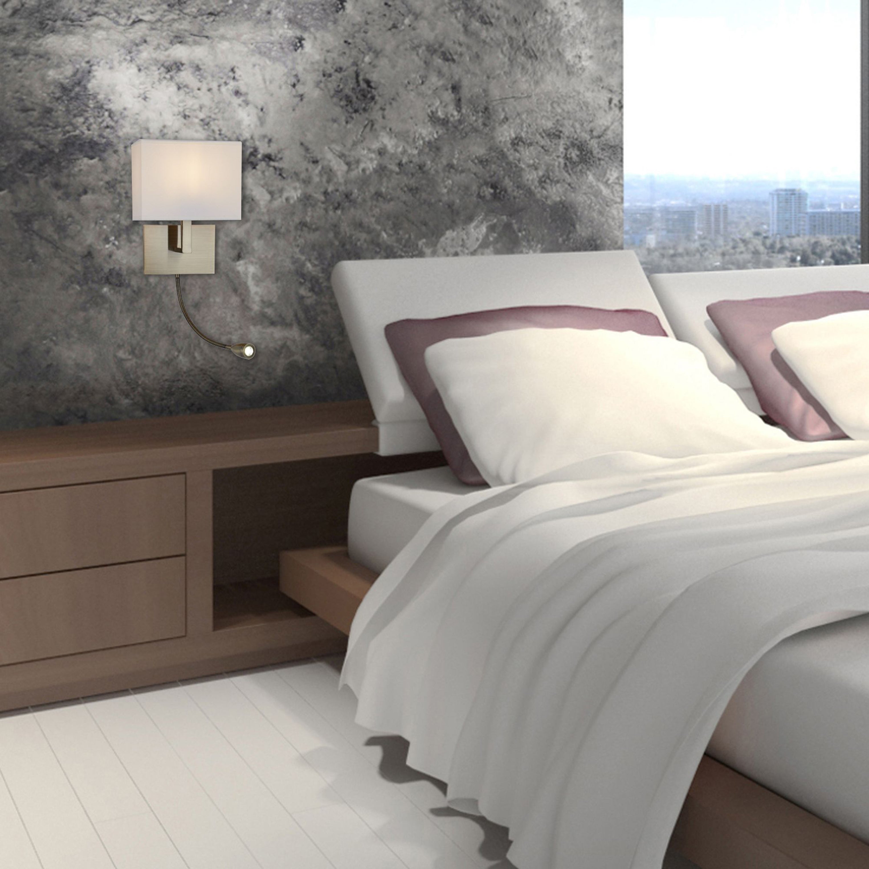 Searchlight Angela Antique Brass Wall Light - White Shade Incorporating LED Flexi - Arm, Switched