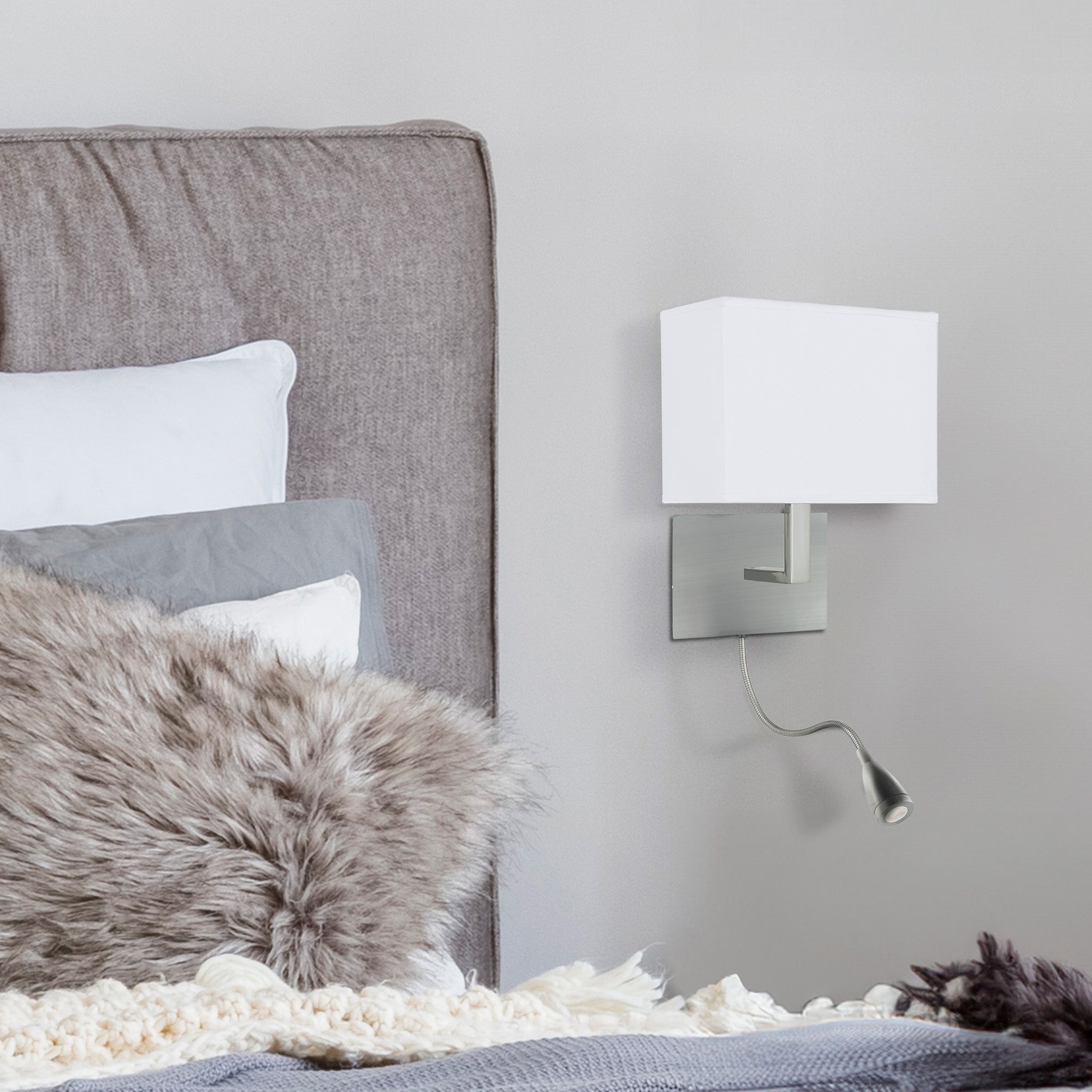 Searchlight Oakes Satin Silver Wall Light White Shade LED Flexi - Arm, Switched