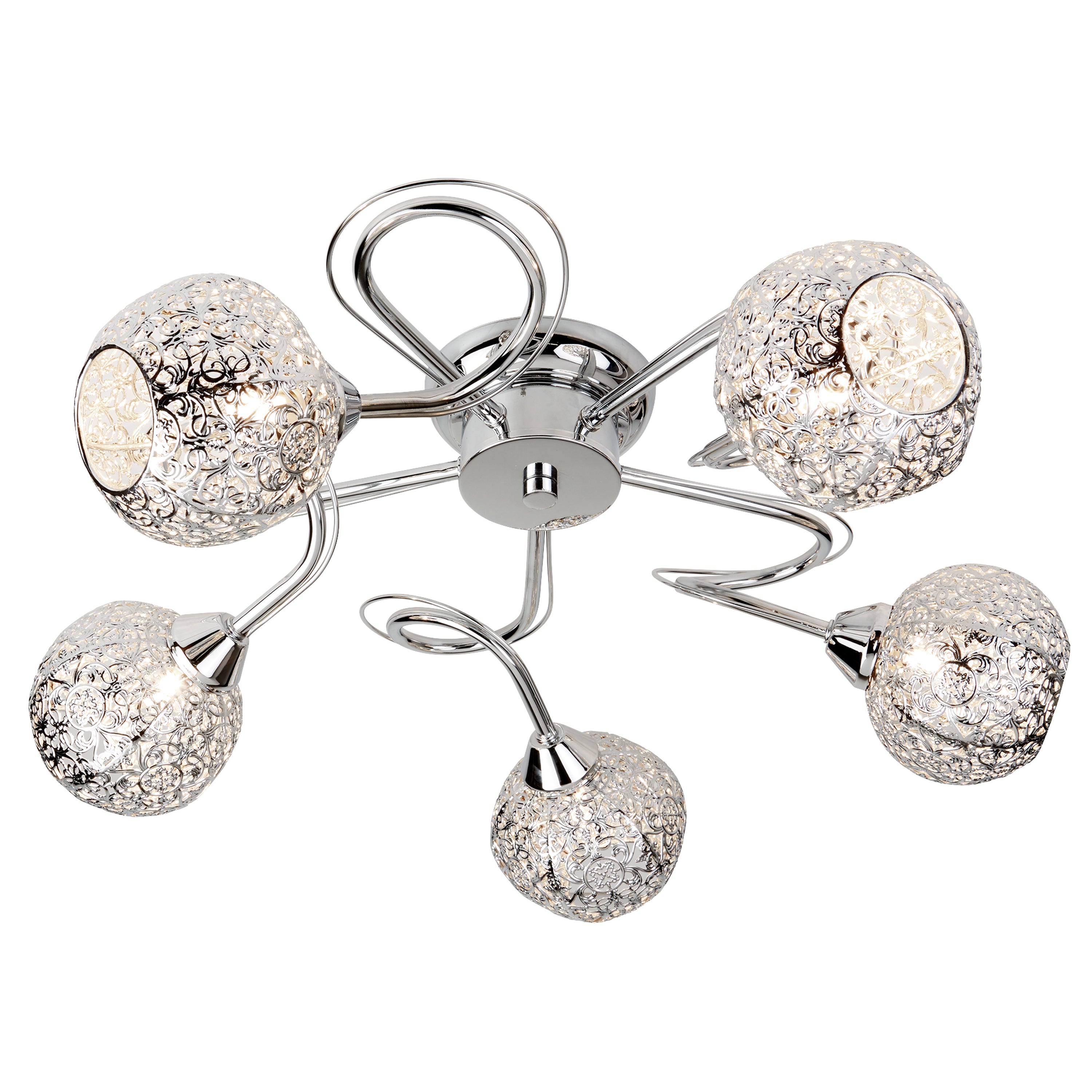 Searchlight Smithdown Chrome, 5 Light Ceiling Flush, Metal Fretwork Pattern Shades