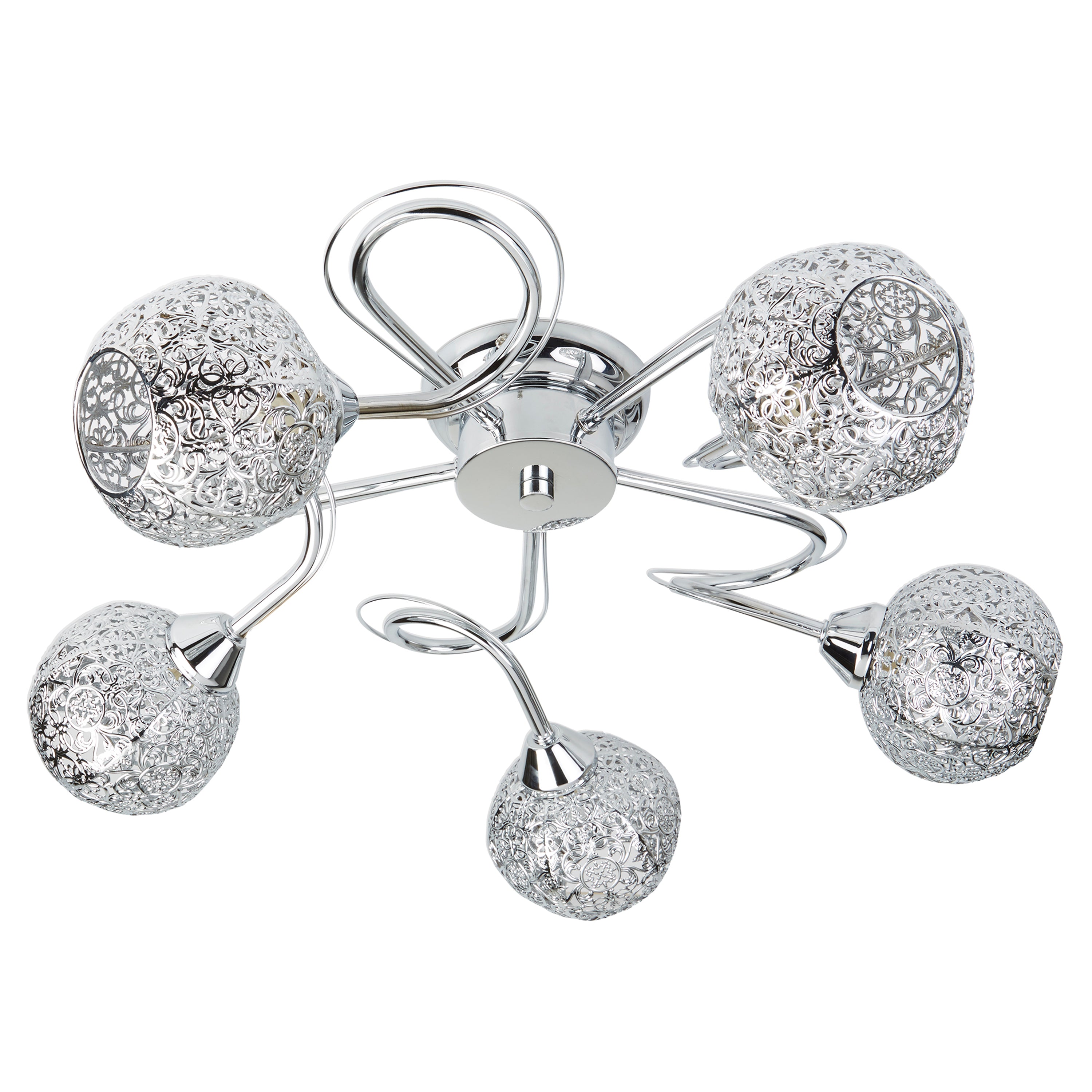 Searchlight Smithdown Chrome, 5 Light Ceiling Flush, Metal Fretwork Pattern Shades