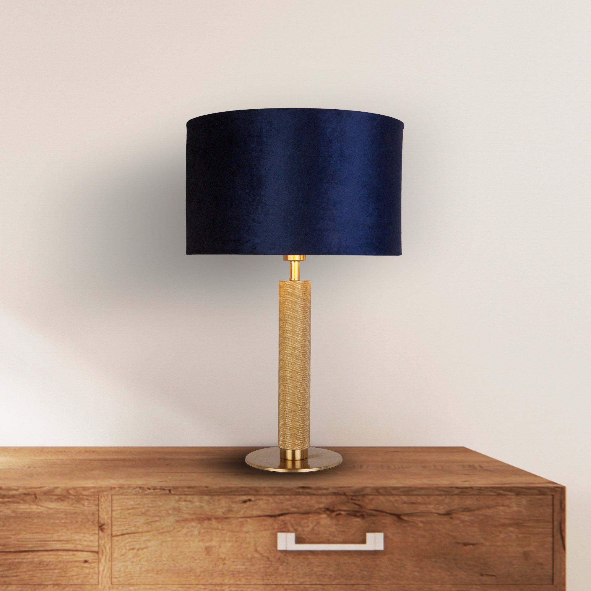 Searchlight Latimer Table Lamp - Knurled Brass & Navy Velvet Shade