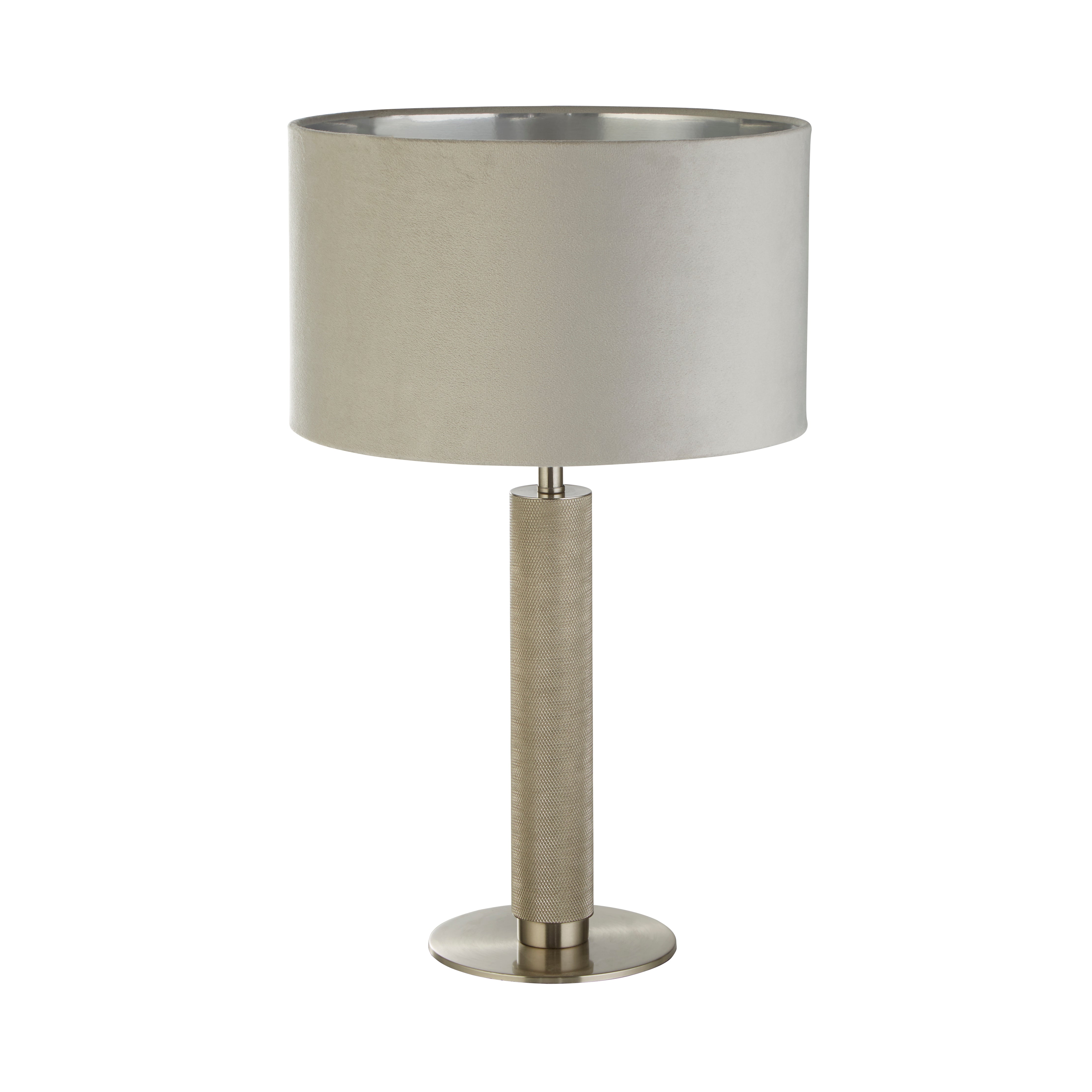 Searchlight Latimer Table Lamp - Knurled Satin Silver & Grey Velvet Shade