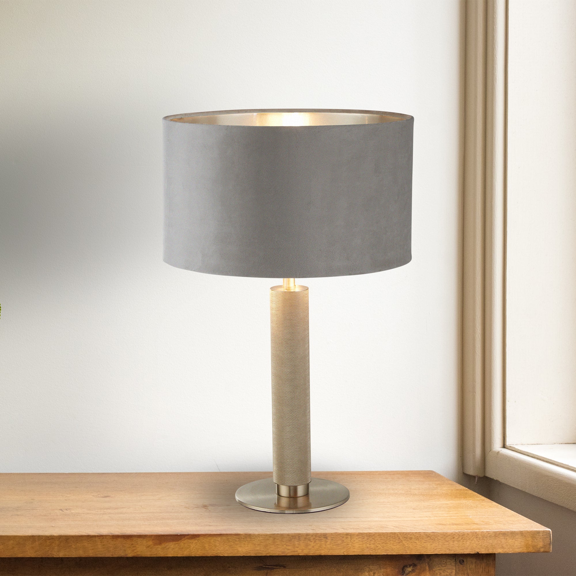 Searchlight Latimer Table Lamp - Knurled Satin Silver & Grey Velvet Shade