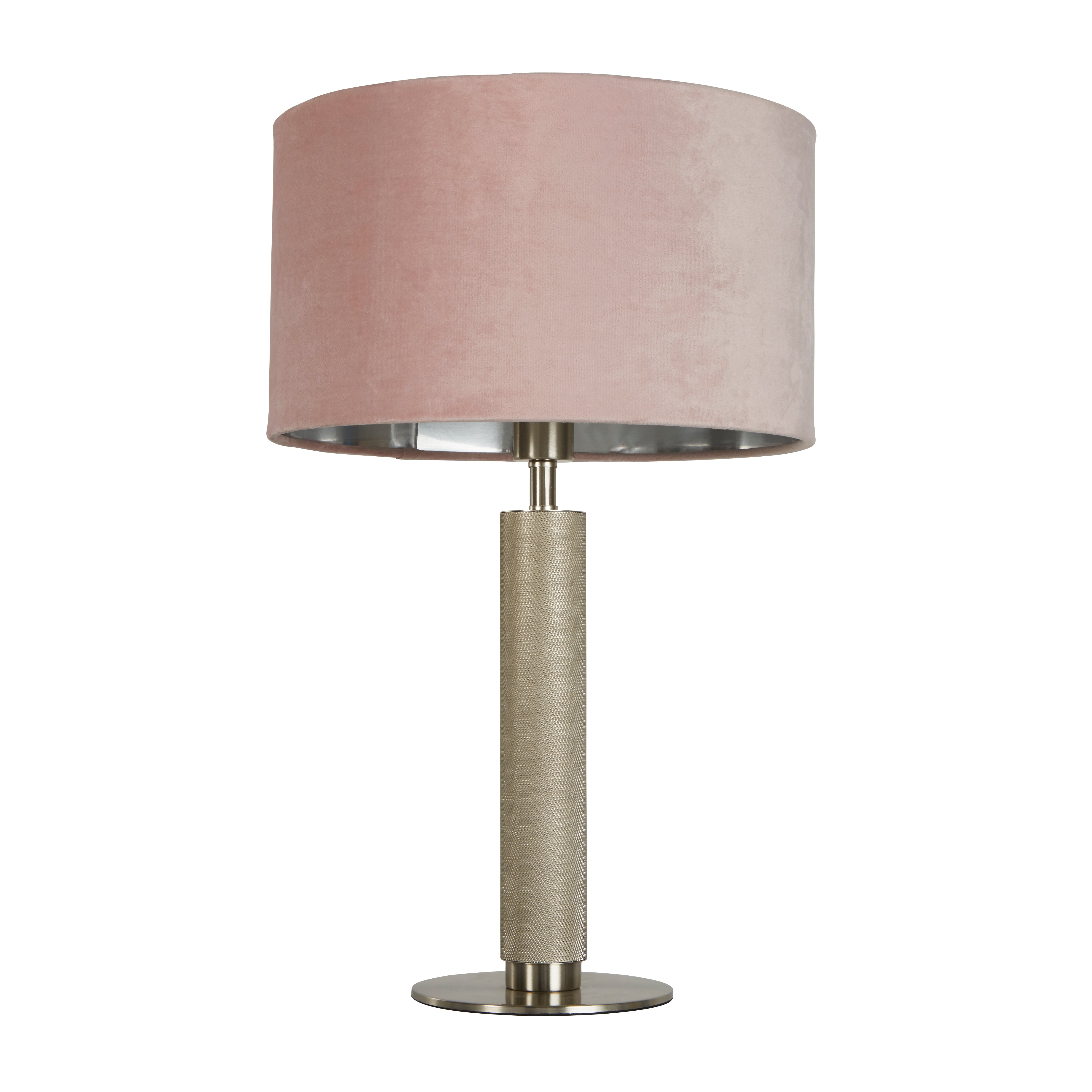 Searchlight Latimer Table Lamp - Knurled Satin Silver & Pink Velvet Shade