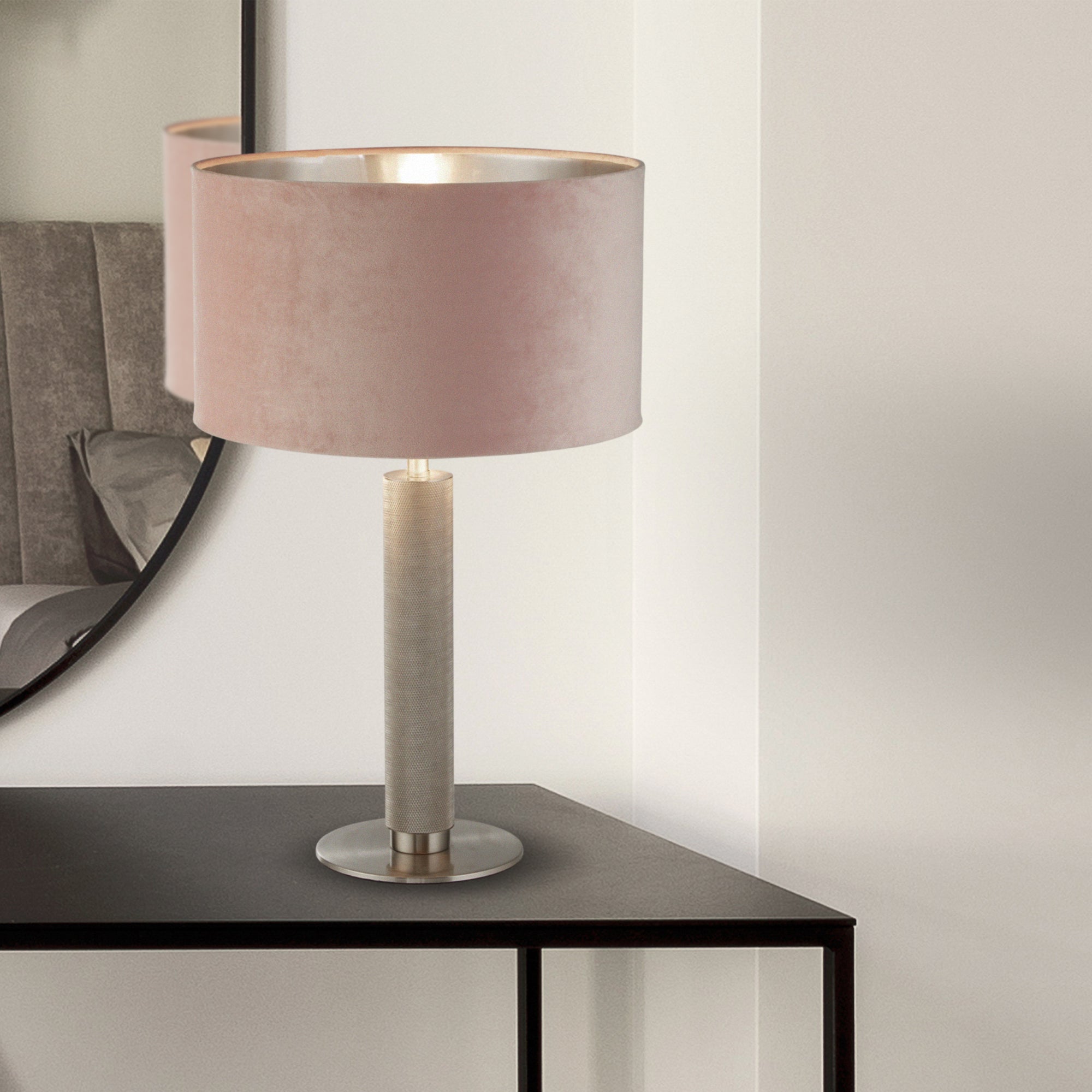 Searchlight Latimer Table Lamp - Knurled Satin Silver & Pink Velvet Shade