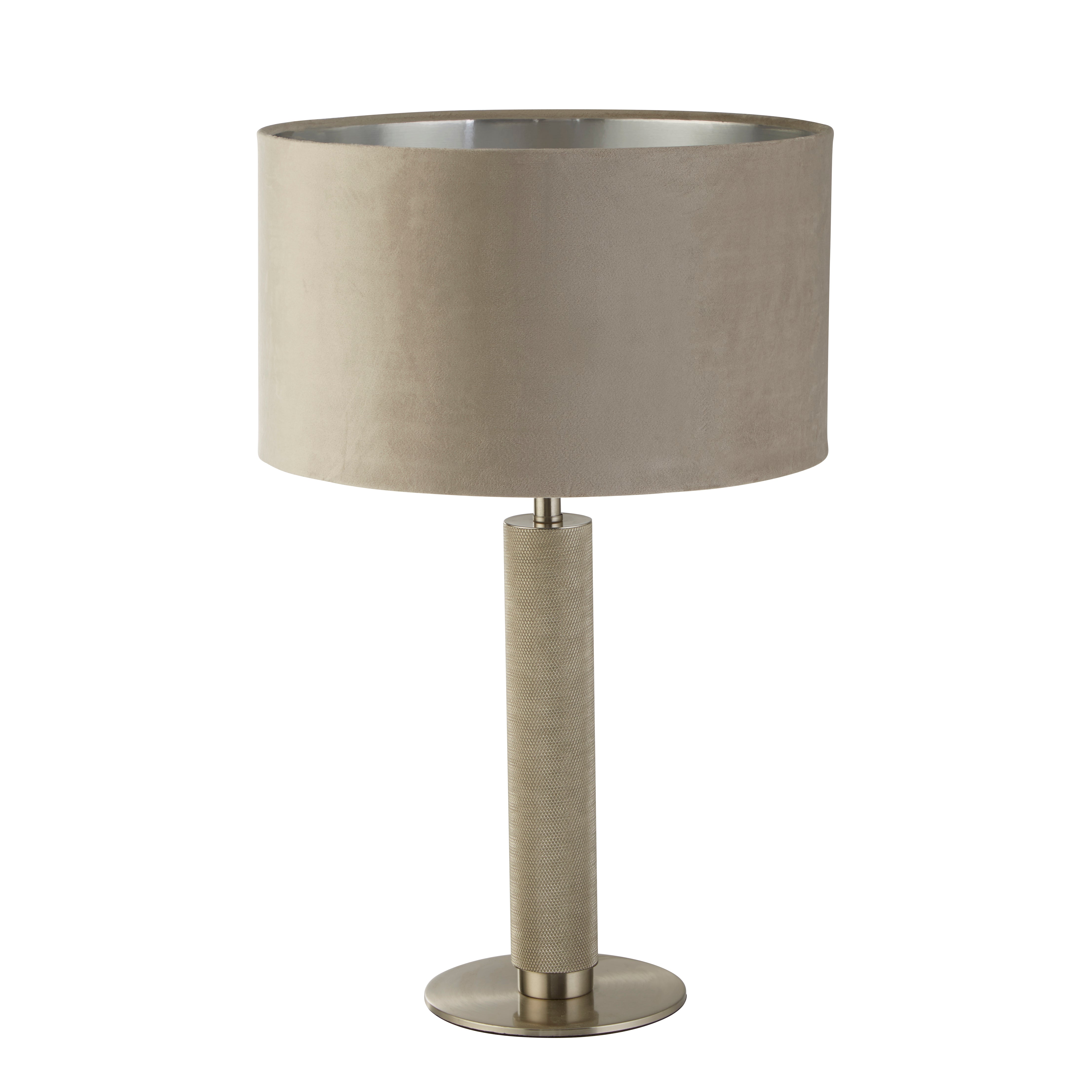 Searchlight Latimer Table Lamp - Knurled Satin Silver & Taupe Velvet Shade