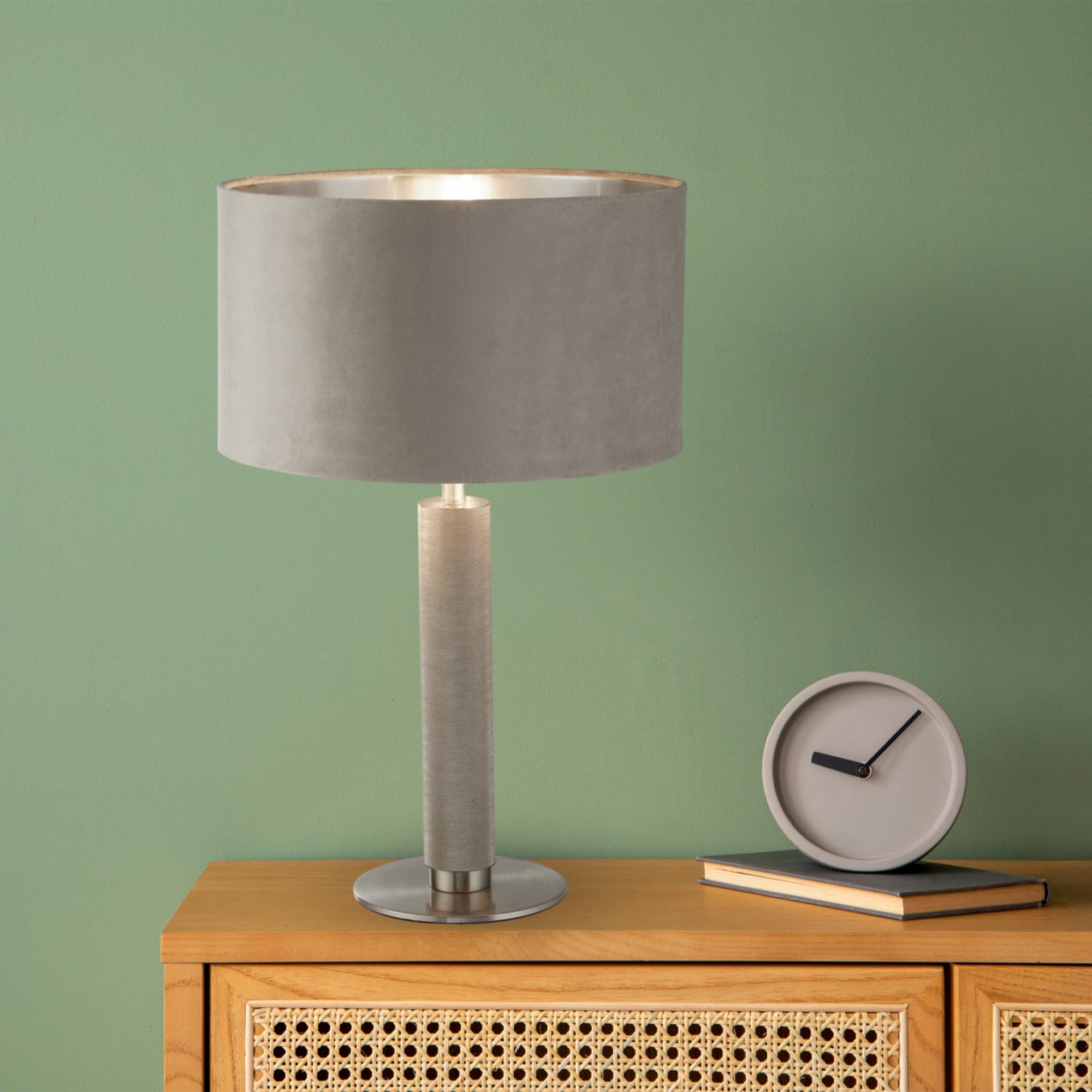 Searchlight Latimer Table Lamp - Knurled Satin Silver & Taupe Velvet Shade