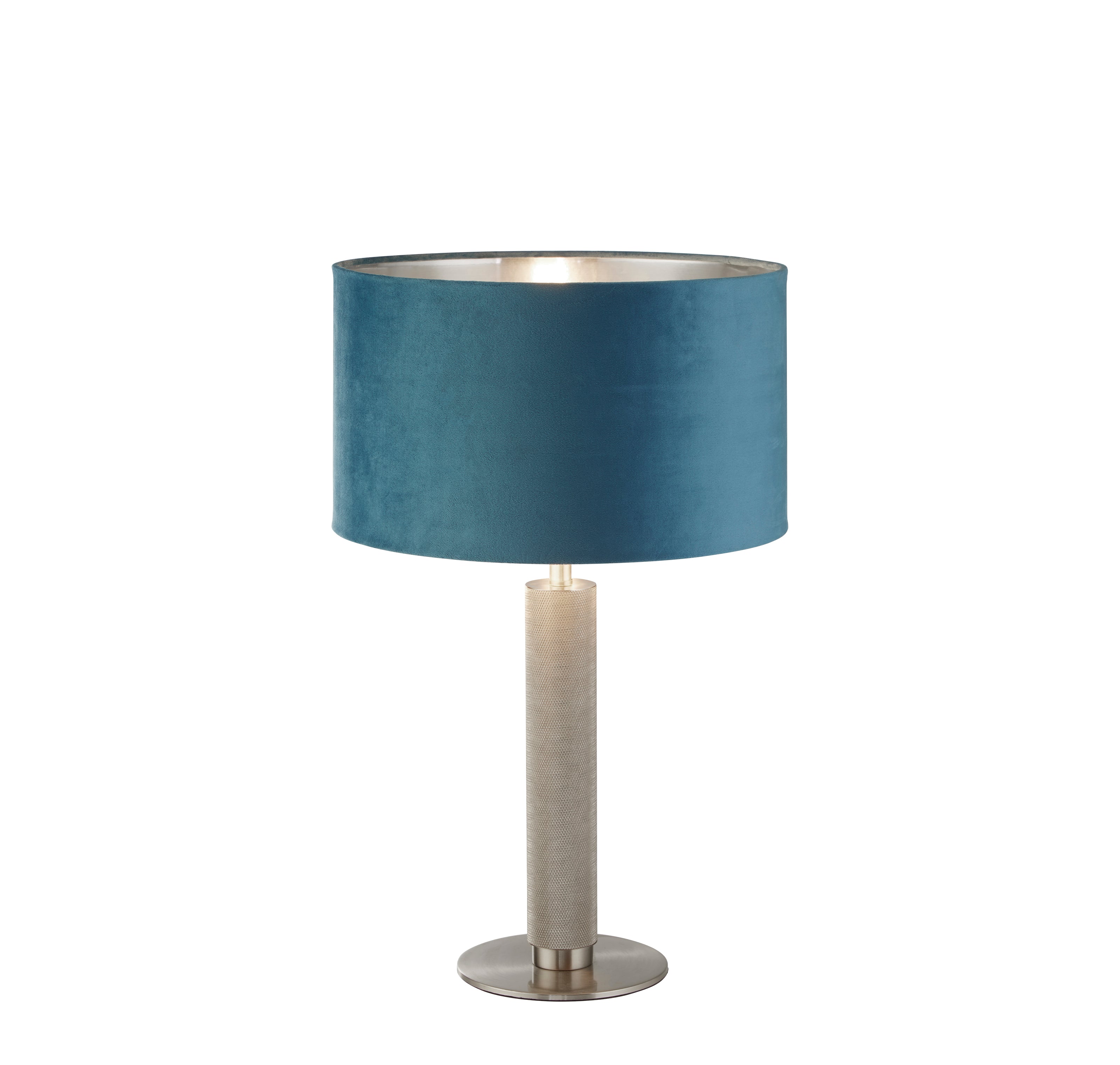Searchlight Latimer Table Lamp - Knurled Satin Silver & Teal Velvet Shade