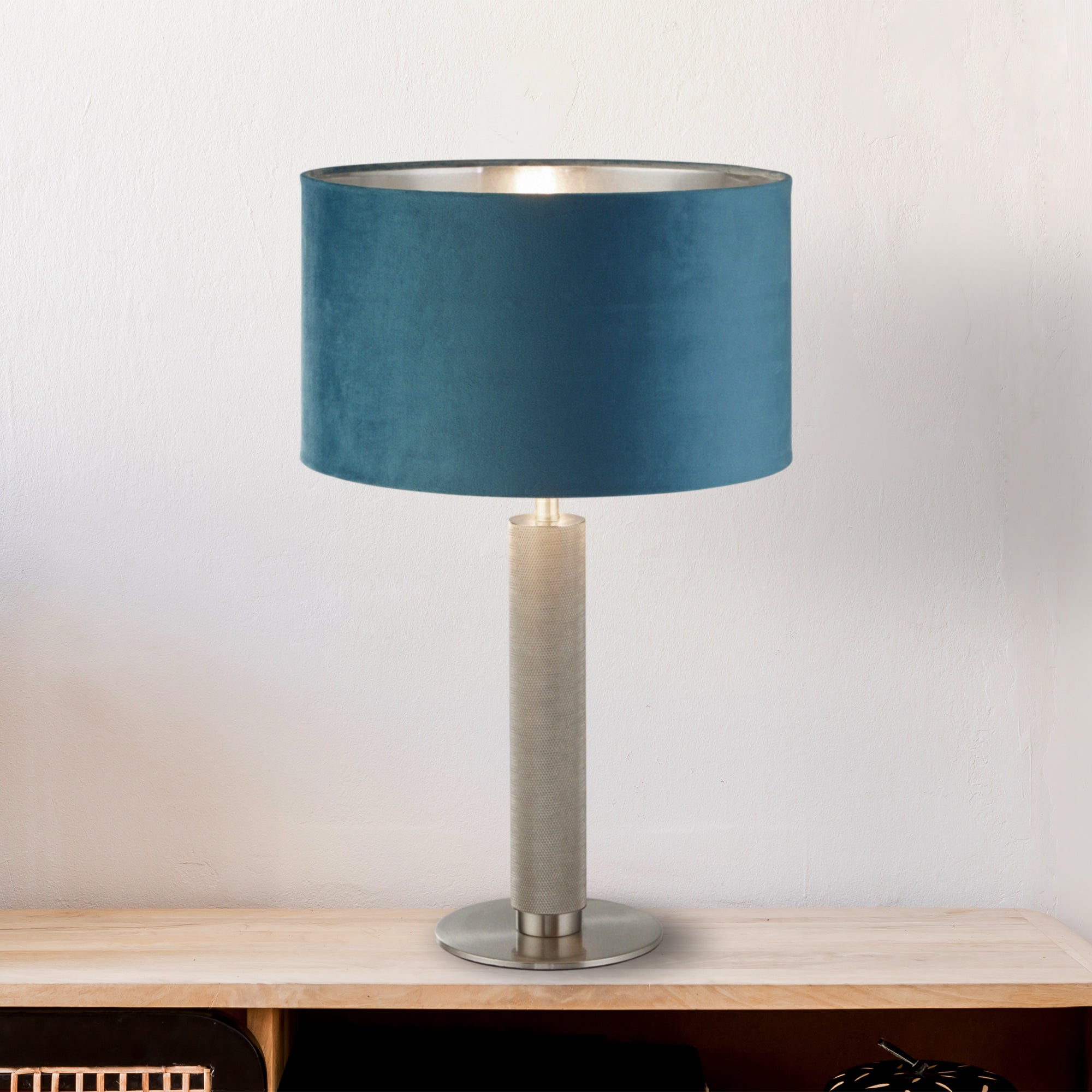 Searchlight Latimer Table Lamp - Knurled Satin Silver & Teal Velvet Shade